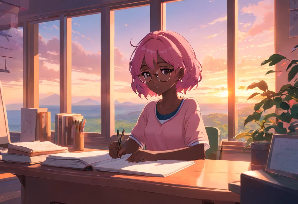 Lia a girl with pink hair, (dark skin), curly hair, studying in her peach pastel room, cozy study desk, glasses, large window overlooking beautiful nature scenery, (staring at the scenery), floral notebooks, (dark skin), (sunrise time), (dark skin)