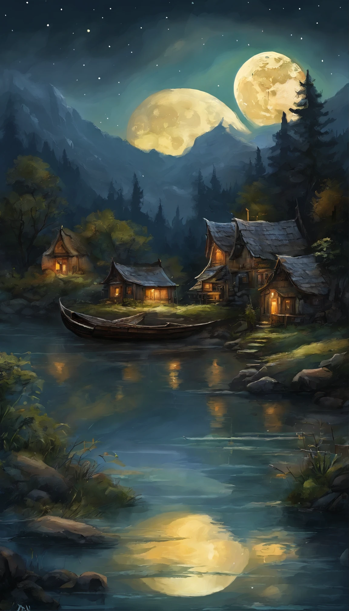 Night view of the old town,Seek and find,cheerless,The moon falls, the crescent moon falls into the lonely well,Fragmented,Bit by bit,There are flowers in dreams, green meadows in dreams,Long hair causes ripples,Shirabu Shishiiso,Kappa poles swing the boat,Crossing the ancient rare,(Small rivers),(Ancient boats),(There is a bright full moon in the distant night sky),(Shining stars),(Starcloud),(nighttime scene),Inspired by Van Gogh,(Van Gogh starry sky painting style),OilPaintStyle,8k wallpaper,light and shadow effect,Tyndall,rendering by octane,White balance,Unreal 5,Extremely detailed picture,depth of fields,tmasterpiece,realisticlying,RAY