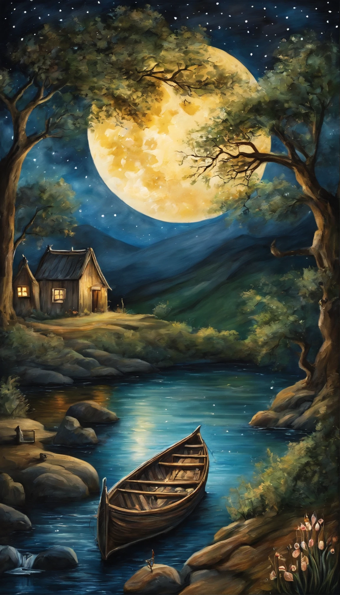 Night view of the old town，Seek and find，cheerless，The moon falls, the crescent moon falls into the lonely well，Fragmented，Bit by bit，There are flowers in dreams, green meadows in dreams，Long hair causes ripples，Shirabu Shishiiso，Kappa poles swing the boat，Crossing the ancient rare，（Small rivers），（Ancient boats），（There is a bright full moon in the distant night sky），（Shining stars），（Starcloud），（nighttime scene），Inspired by Van Gogh，（Van Gogh starry sky painting style），OilPaintStyle，8k wallpaper，light and shadow effect，Tyndall，rendering by octane，White balance，Unreal 5，Extremely detailed picture，depth of fields，tmasterpiece，realisticlying，RAY