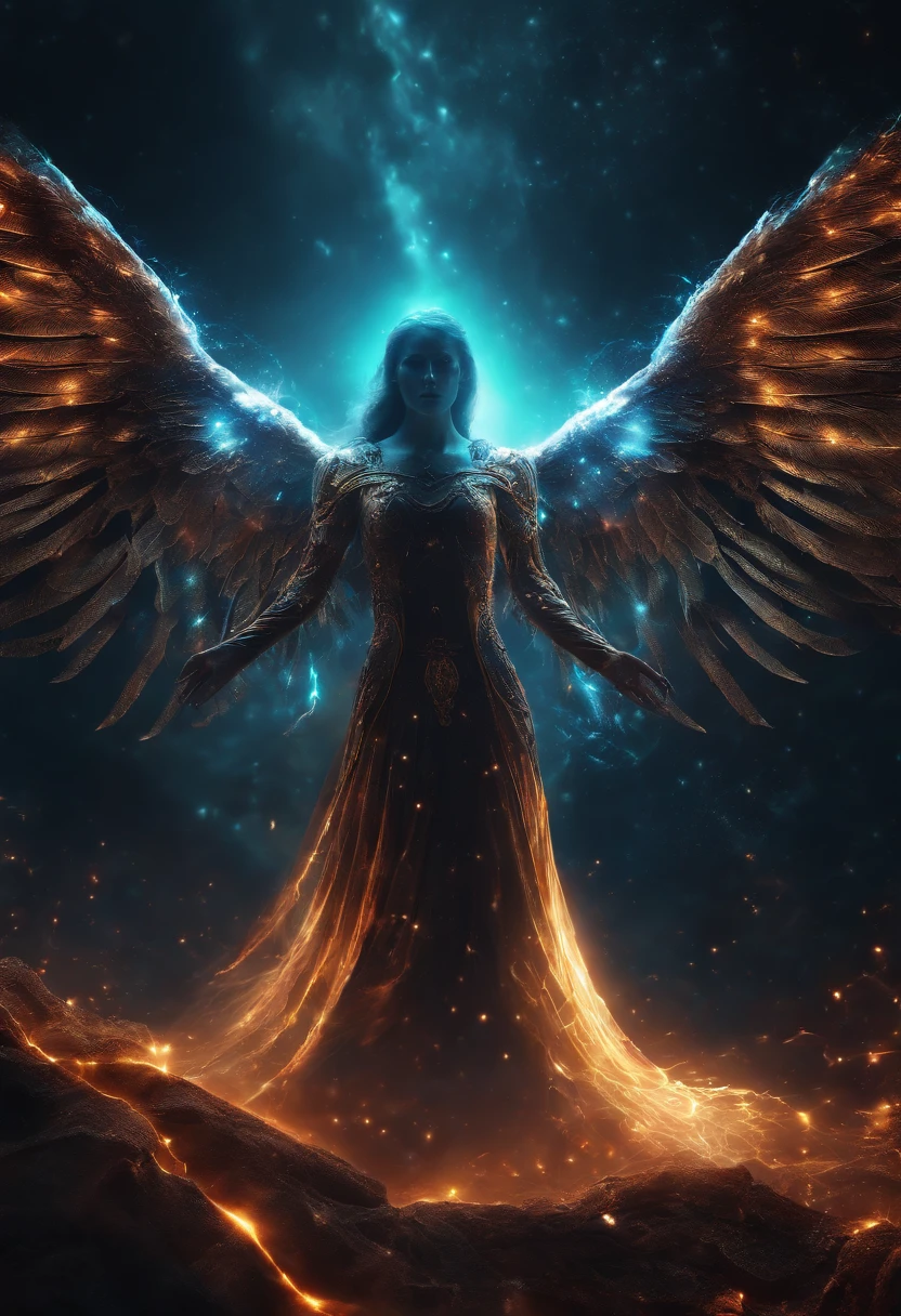 Cosmic Fallen Angel, glowing light eyes, Biomechanical, eerie, Creepy, nightmarish, Very bright colors, Light particles, with light glowing, Mshiff, wallpaper art, UHD wallpaper