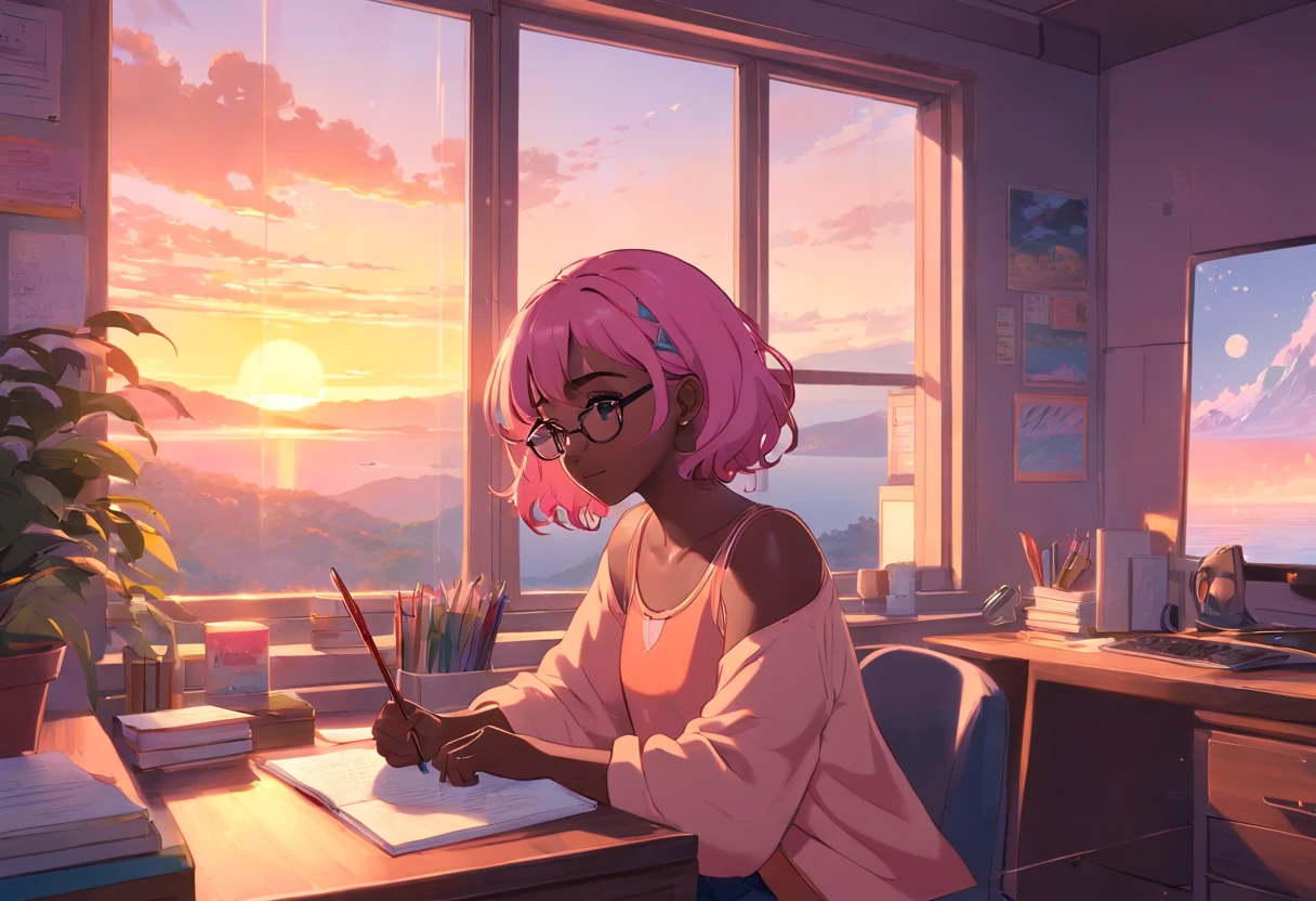 Lia a girl with pink hair, (dark skin), curly hair, studying in her peach pastel room, cozy study desk, glasses, large window overlooking beautiful nature scenery, (staring at the scenery), floral notebooks, (dark skin), (sunrise time), (dark skin)
