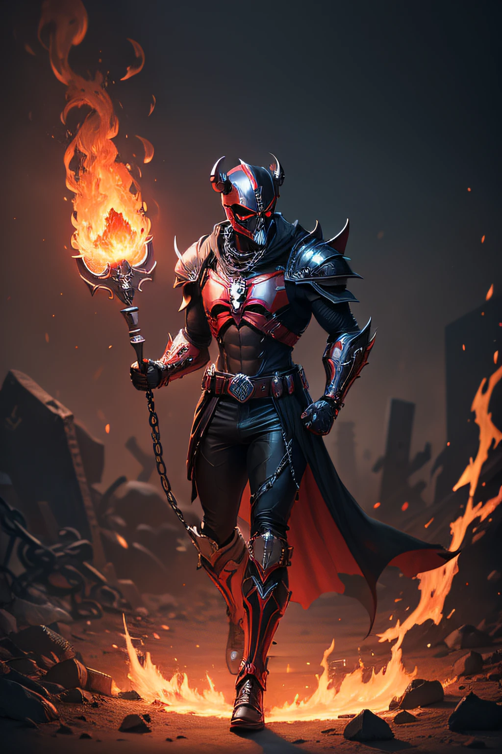 create a dark red power ranger ,skull, bones, armor, larva, goth, gore, chains, burning between flames, full body , mythic , black background ,a bit ancient theme
