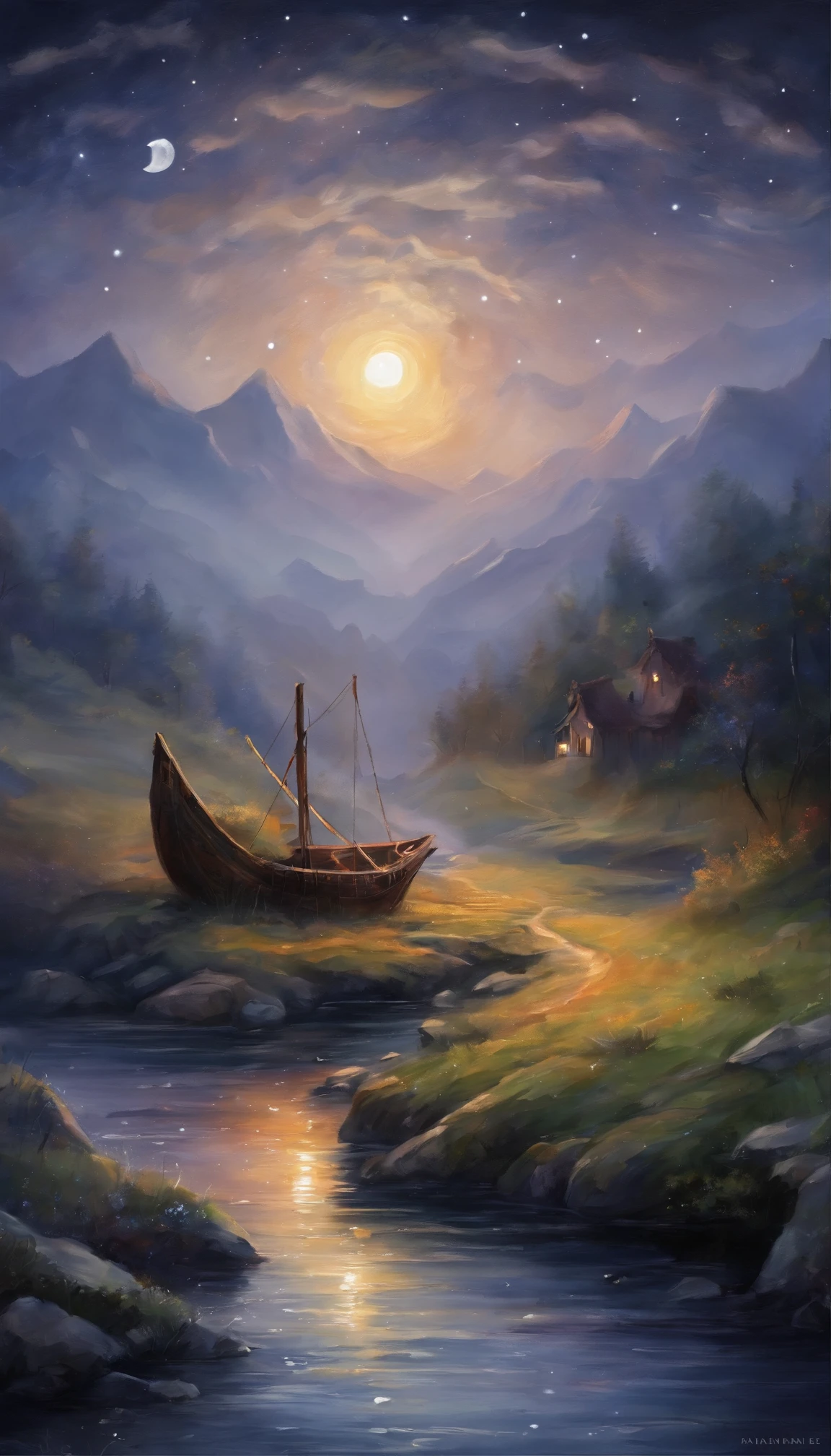 Night view of the old town,Seek and find,cheerless,The moon falls, the crescent moon falls into the lonely well,Fragmented,Bit by bit,There are flowers in dreams, green meadows in dreams,Long hair causes ripples,Shirabu Shishiiso,Kappa poles swing the boat,Crossing the ancient rare,(Small rivers),(Ancient boats),(There is a bright full moon in the distant night sky),(Shining stars),(Starcloud),(nighttime scene),Inspired by Van Gogh,(Van Gogh starry sky painting style),OilPaintStyle,8k wallpaper,light and shadow effect,Tyndall,rendering by octane,White balance,Unreal 5,Extremely detailed picture,depth of fields,tmasterpiece,realisticlying,RAY