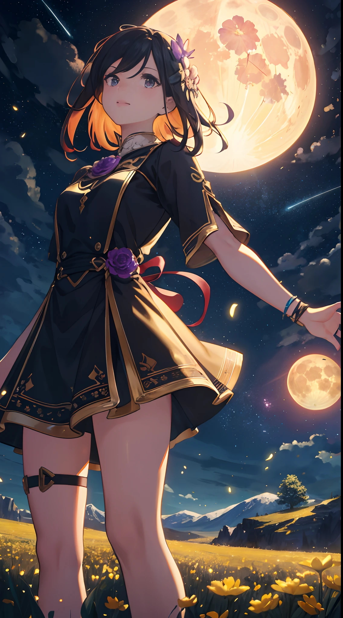 Vast landscape photo, (viewed from below, the sky is above and the open field is below), a girl standing on a flower field looking up, (full moon: 1.2), (meteor: 0.9), (nebula: 1.3), distant mountains , Trees BREAK Crafting Art, (Warm Light: 1.2), (Fireflies: 1.2), Lights, Lots of Purple and Orange, Intricate Details, Volumetric Lighting, Realism BREAK (Masterpiece: 1.2), (Best Quality), 4k, Ultra-Detailed, (Dynamic Composition: 1.4), Very Detailed, Colorful Details, (Rainbow Colors: 1.2), (Glow Lighting, Atmospheric Lighting), Dreamy, Magical, (Solo: 1.2)