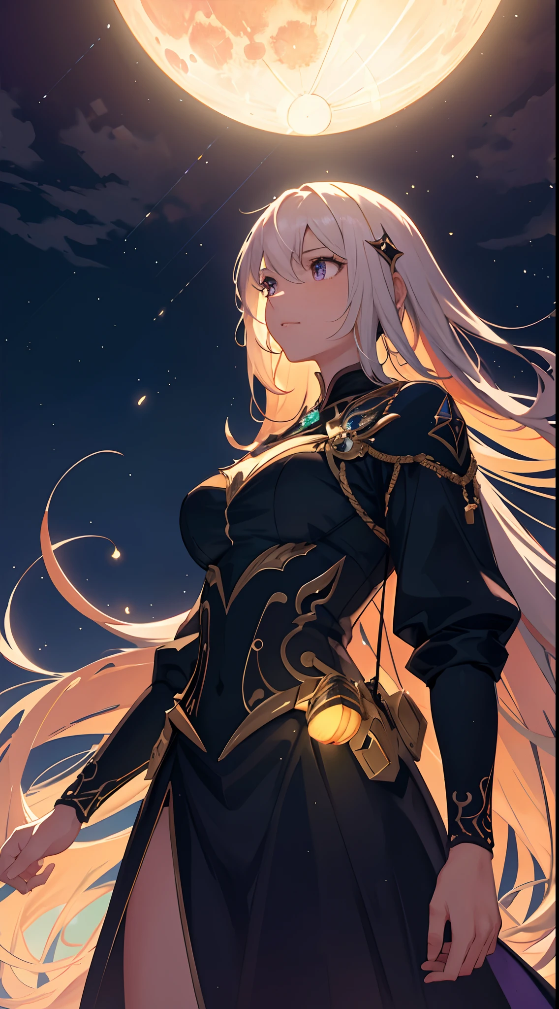 Vast landscape photo, (viewed from below, the sky is above and the open field is below), a girl standing on a flower field looking up, (full moon: 1.2), (meteor: 0.9), (nebula: 1.3), distant mountains , Trees BREAK Crafting Art, (Warm Light: 1.2), (Fireflies: 1.2), Lights, Lots of Purple and Orange, Intricate Details, Volumetric Lighting, Realism BREAK (Masterpiece: 1.2), (Best Quality), 4k, Ultra-Detailed, (Dynamic Composition: 1.4), Very Detailed, Colorful Details, (Rainbow Colors: 1.2), (Glow Lighting, Atmospheric Lighting), Dreamy, Magical, (Solo: 1.2)