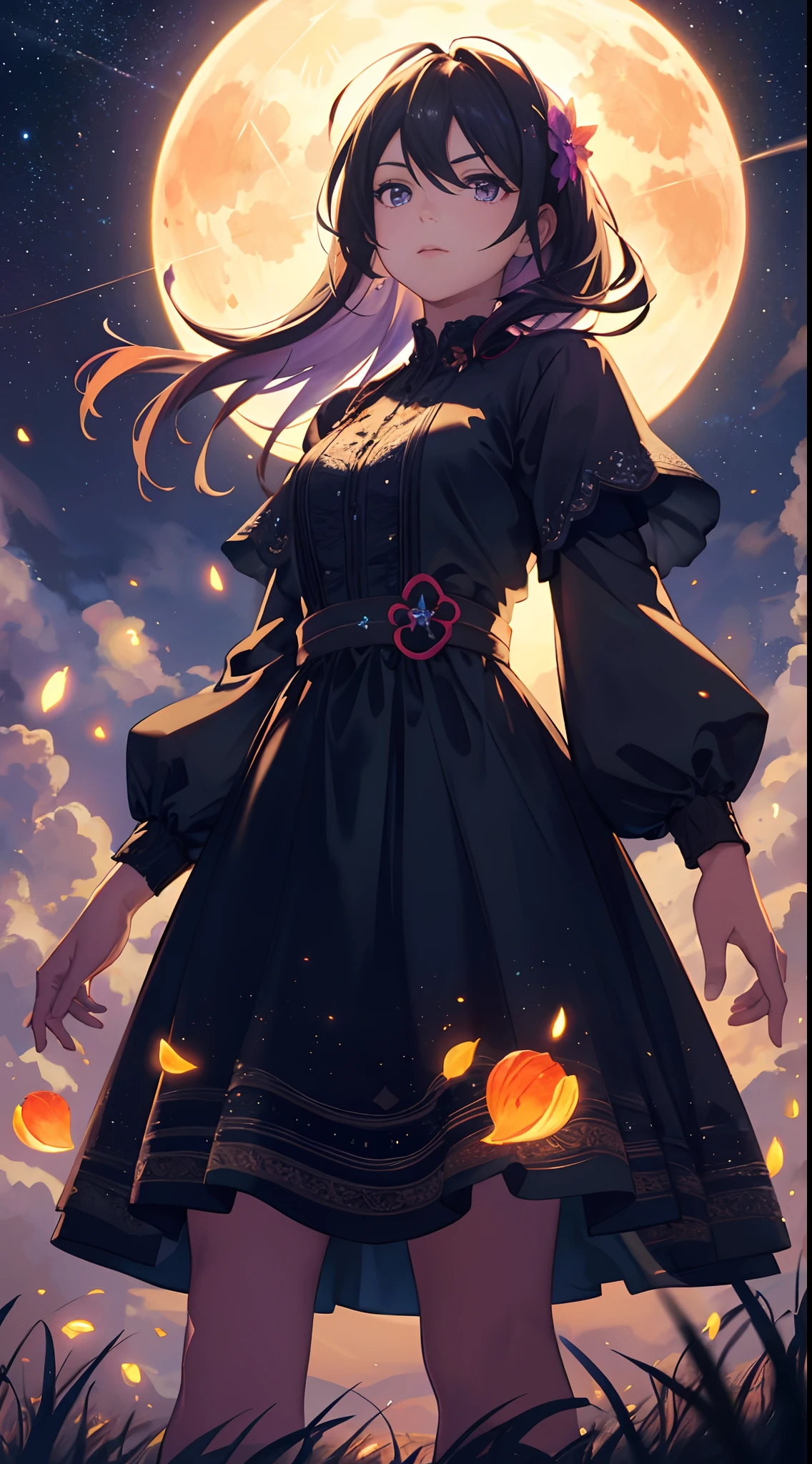 Vast landscape photo, (viewed from below, the sky is above and the open field is below), a girl standing on a flower field looking up, (full moon: 1.2), (meteor: 0.9), (nebula: 1.3), distant mountains , Trees BREAK Crafting Art, (Warm Light: 1.2), (Fireflies: 1.2), Lights, Lots of Purple and Orange, Intricate Details, Volumetric Lighting, Realism BREAK (Masterpiece: 1.2), (Best Quality), 4k, Ultra-Detailed, (Dynamic Composition: 1.4), Very Detailed, Colorful Details, (Rainbow Colors: 1.2), (Glow Lighting, Atmospheric Lighting), Dreamy, Magical, (Solo: 1.2)