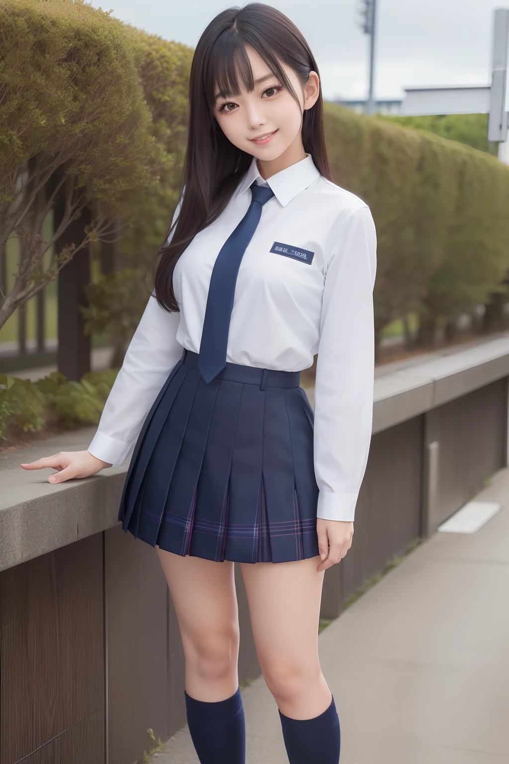 masutepiece, Super Detail, High quality, awardwinning, 8K, (girl), Solo, Smiling, japanese hight school uniform, (All formal jackets are dark navy blue), White shirt, Short skirts are plaid, (Socks are dark navy), Theme color is dark navy, Standing, Full body shot, Portrait Style