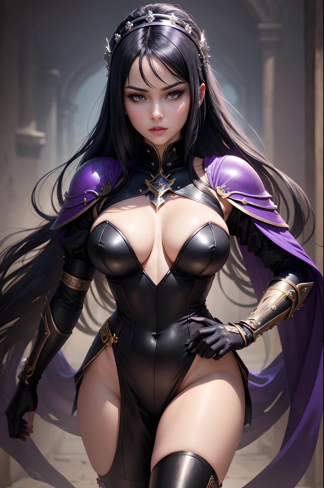 8K,Photorealsitic Raw photography top-quality;1.4) (One adult woman) Super beauty (Lifelike face) Covered by a man Look into your face long blue-black hair Illusory Empress with Glowing Purple Eyes Aristocratic large-chested exterior of black and silver color Black and gold trousers Golden decoration glares Equipped with a sword at the waist Wearing black leather gloves Ruins Gwaitz style Purple Rouge realisitic Precise details unrealengine Beautiful expression Details of each part 超A high resolution A hyper-realistic enticing Foot Armor real looking skin Fantasy Queen An inviting gaze Emphasizes cleavage