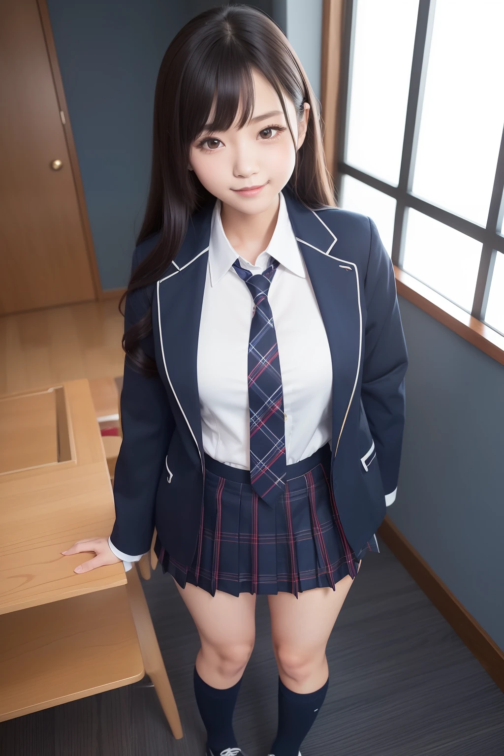 8K, highest quality, real image, intricate details, Super detailed, ultra high resolution, depth field,(realistic,realistic:1.2),table top , frontal shot , From the middle , 1 girl, eye_Chan, very beautiful 17 year old girl, innocent big eyes,、beautiful breasts:1.5、非常に詳細なeye:1.2)、(beautiful breasts:1.1)、wavy hair、curly hair、bangs、, perfect skin, Fair skin, He puts his left hand on his chest over his clothes.....、anxious look、tight waist, light blush, alone, looking at the viewer, light smile, ((School_uniform),(dark blue blazer), (white shirt、Wearing a tie), (gray pleated skirt), (sculpture installation :1.1), (eyeを細めて), (huge hips:1.4), (thick thighs:1.4), (thick legs:1.4)