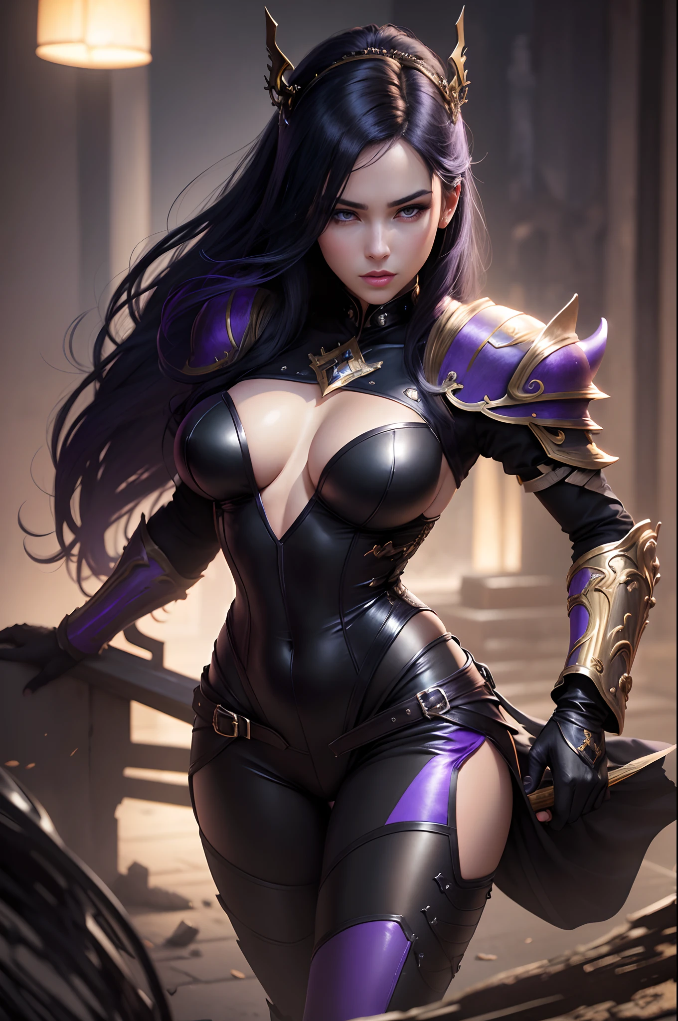 8K,Photorealsitic　Raw photography　top-quality;1.4) 　(One adult woman)　Super beauty　(Lifelike face)　Covered by a man　Look into your face　long blue-black hair　Illusory Empress with Glowing Purple Eyes　Aristocratic large-chested exterior of black and silver color　Black and gold trousers　Golden decoration　glares　Equipped with a sword at the waist　Wearing black leather gloves　Ruins　Gwaitz style　Purple Rouge　realisitic　Precise details　unrealengine　Beautiful expression　Details of each part　超A high resolution　A hyper-realistic　enticing　Foot Armor　real looking skin　Fantasy Queen　An inviting gaze　Emphasizes cleavage