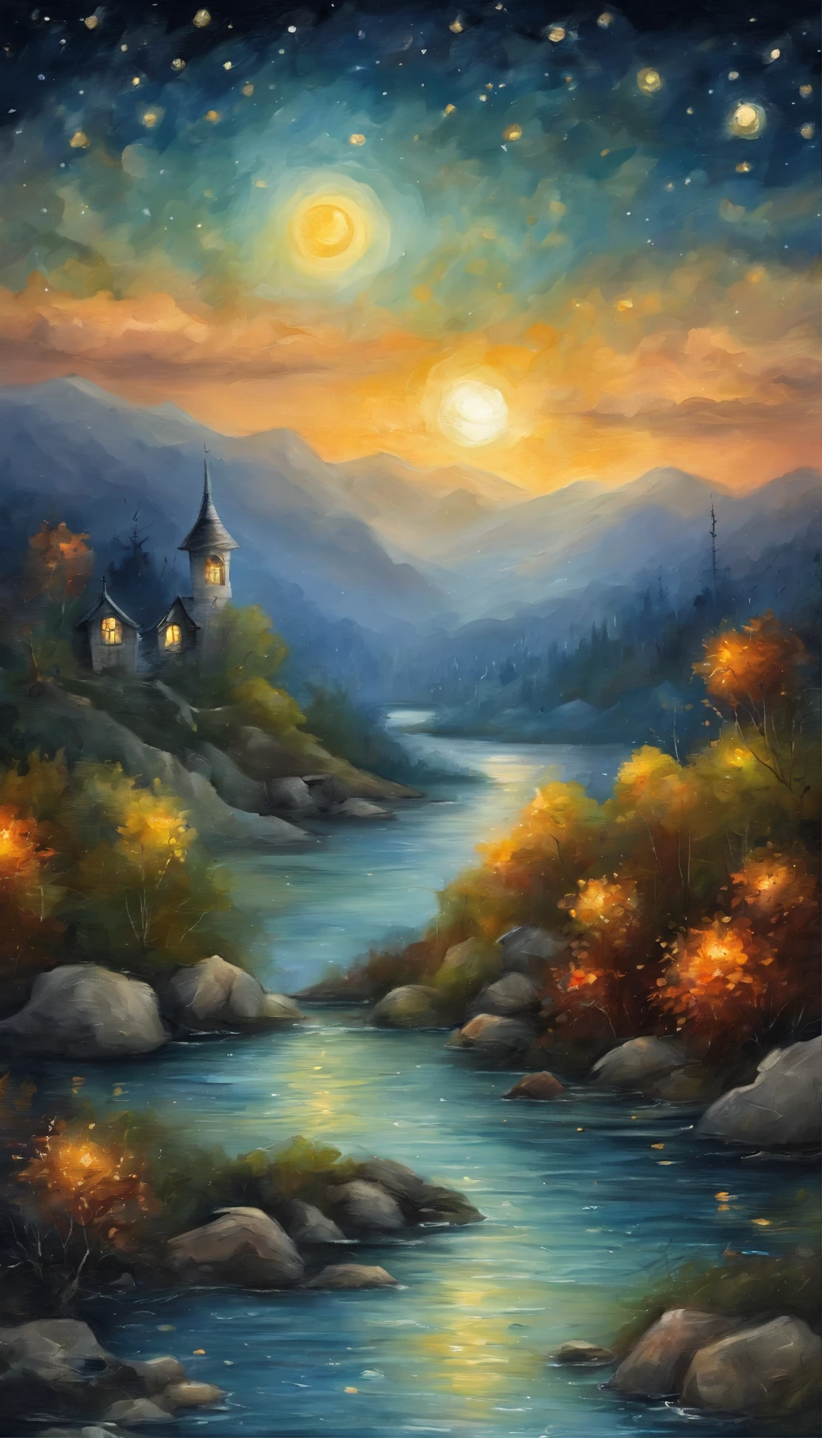 Night view of the old town,Seek and find,cheerless,The moon falls, the crescent moon falls into the lonely well,Fragmented,Bit by bit,There are flowers in dreams, green meadows in dreams,Long hair causes ripples,Shirabu Shishiiso,Kappa poles swing the boat,Crossing the ancient rare,(Small rivers),(Ancient boats),(There is a bright full moon in the distant night sky),(Shining stars),(Starcloud),(nighttime scene),(Inspired by Van Gogh:1.2),(Van Gogh starry sky painting style:1.2),OilPaintStyle,8k wallpaper,light and shadow effect,Tyndall,rendering by octane,White balance,Unreal 5,Extremely detailed picture,depth of fields,tmasterpiece,realisticlying,RAY