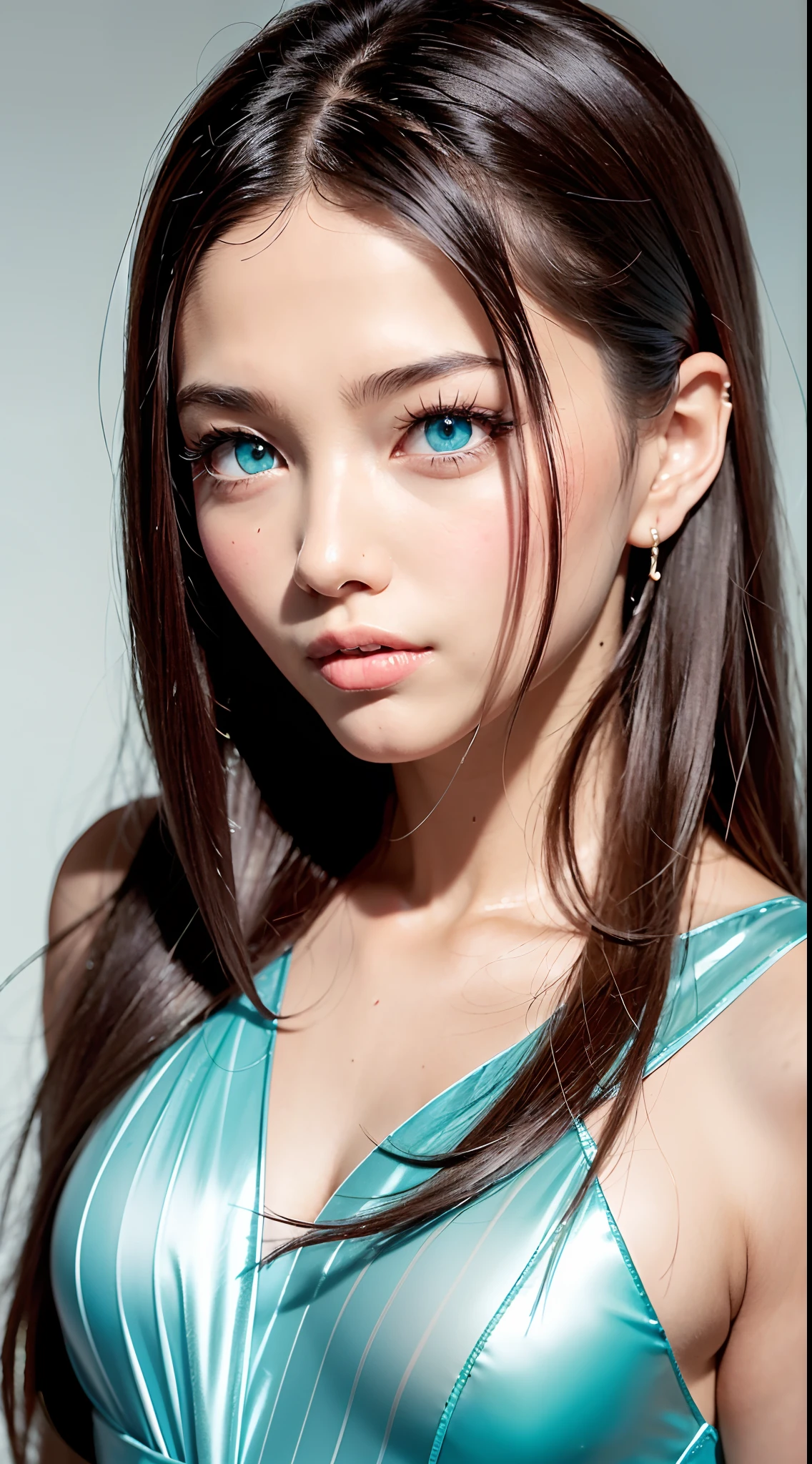 16k high quality wallpapers（Detailed eyes,Long eyelashes,Bright and colorful iris,Expressive eyebrows,Blend eyeshadow perfectly,Eyes sparkle,Reflective eyeballs，Heterochromia），（Light blue long hair girl 0.8 lots of hair 1。3 Delicate hair 1。2）,（Long transparent dress，floral patterns：1.4，），（Gorgeous and delicate glowing little butterfly hair ornament，brilliant colorful，Fine engraving，Shine brightly，The attention to detail，The jewelry is of high quality，Extremely high image quality）White Skin Skin，Seductive smile emoji，Close-up shot