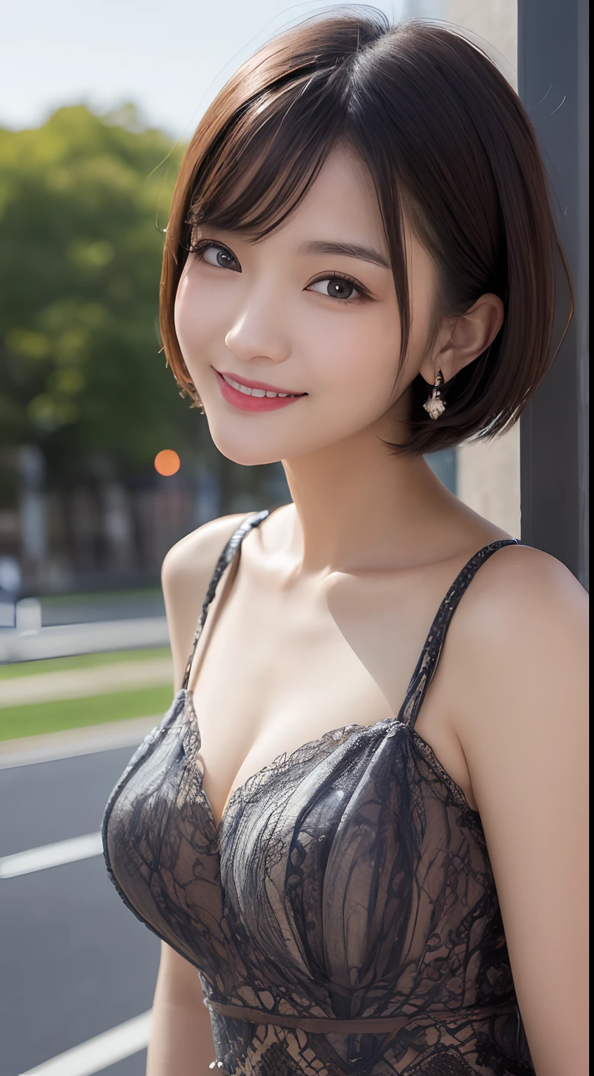 masutepiece, Best Quality, Illustration, Ultra-detailed, finely detail, hight resolution, 8K Wallpaper, Perfect dynamic composition, Beautiful detailed eyes, Luxury Brand Women's Fashion,Shorthair,Natural Color Lip, Bold sexy poses,Smile,Harajuku、20 years girl、Cute、Sexy shot looking at camera、piercings、a park、appointment、a smile、early evening、natta、nighttime scene