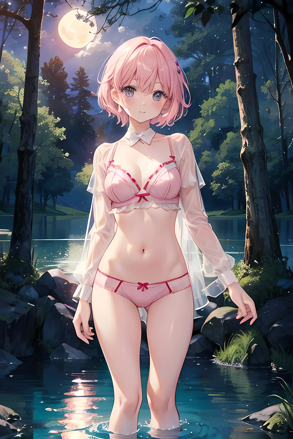 1girl in、AS-Adult、Cute underwear, mastepiece、 short hair, pink hair, high resolution、underwear only、sexy lingerie、Underwear models、Cute anime illustration、mystical forest, standing in a lake, night, full moon