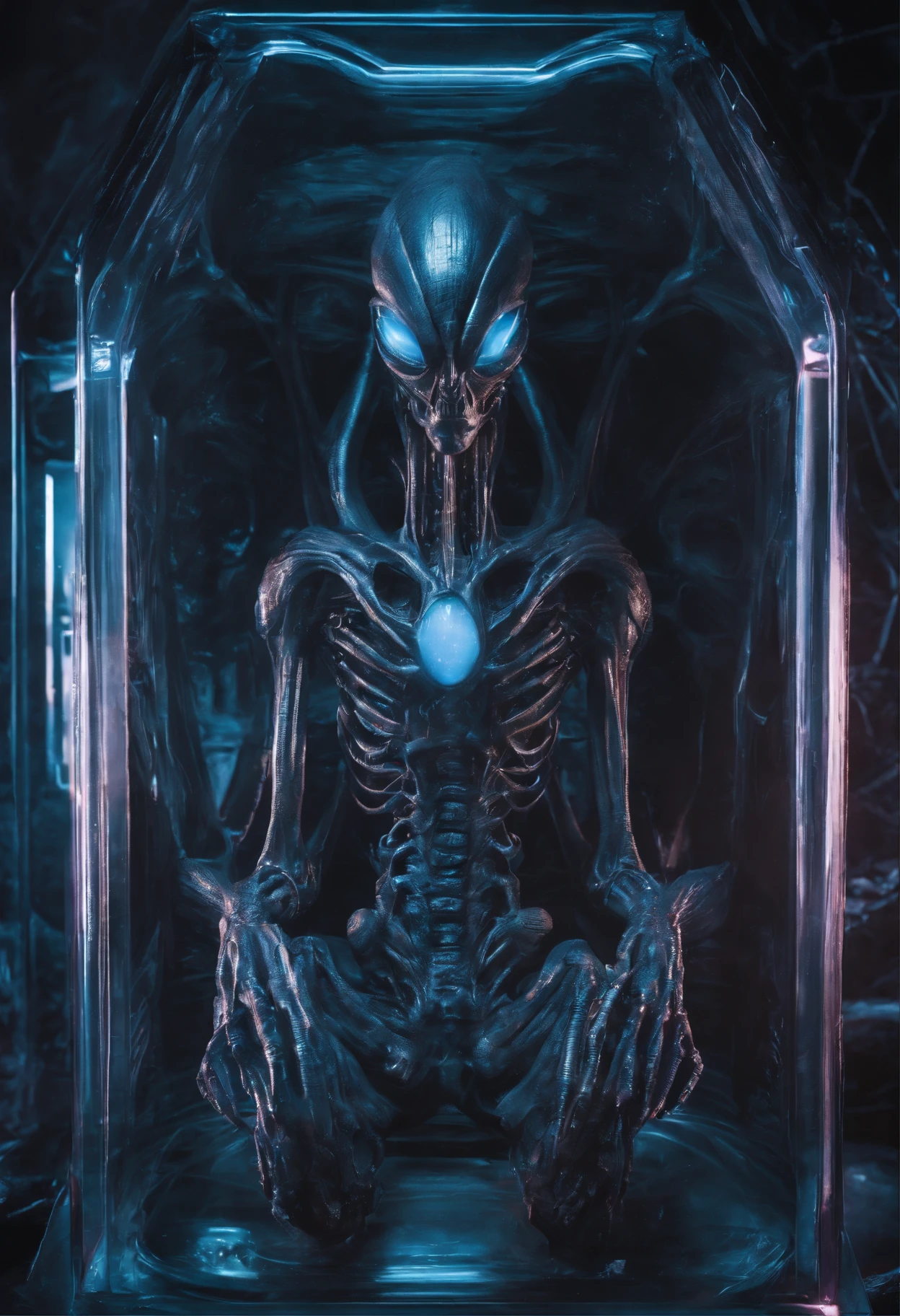 The alien's body lies in a crystal coffin,From Terchar, Translucent ethereal aliens,It has refined features in a sci-fi environment, glowing from within, Sparks and lights, Moonlight, Moon, Close-up, Realistic, Highly detailed, Intricate