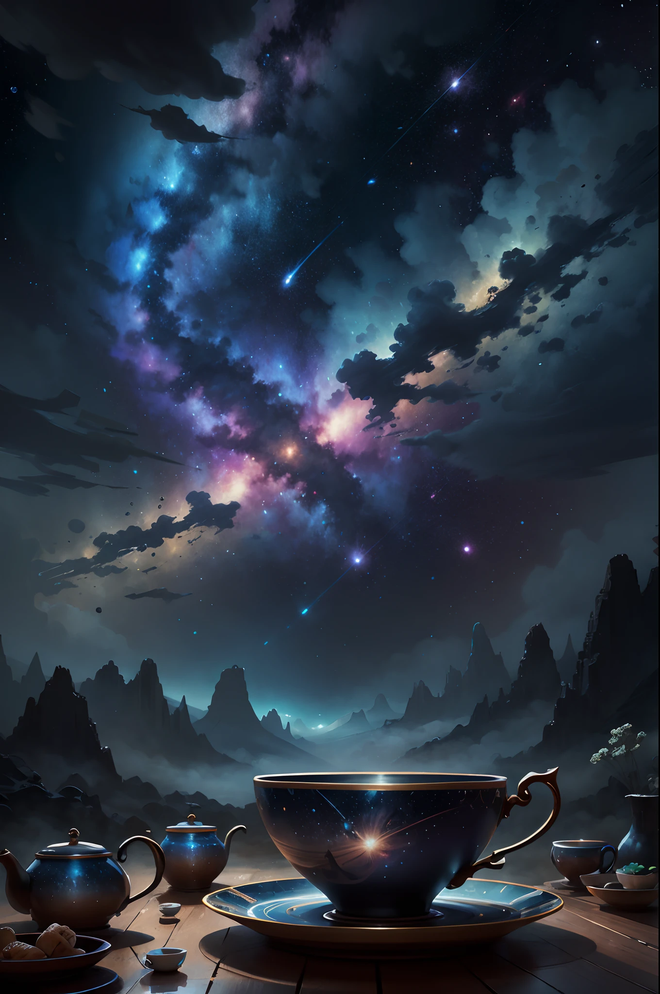 Tee Tai in Space
- Classic tea set floating in the weightless space of space。Stars and comets in the background、Distant planets in sight、Tea spills out of an elegantly floating teacup、Dripping into outer space。	masterpiece
Highest Quality High Quality
Ultra-fine  , Extremely detailed, Fine-grained
Ultra-high resolution, high-resolution
psychedelic
Realistic
Photorealistic
beautiful
4k , 8k , 16K – 4K image quality , 8k , 16k
 Clearly
Supremely aesthetic