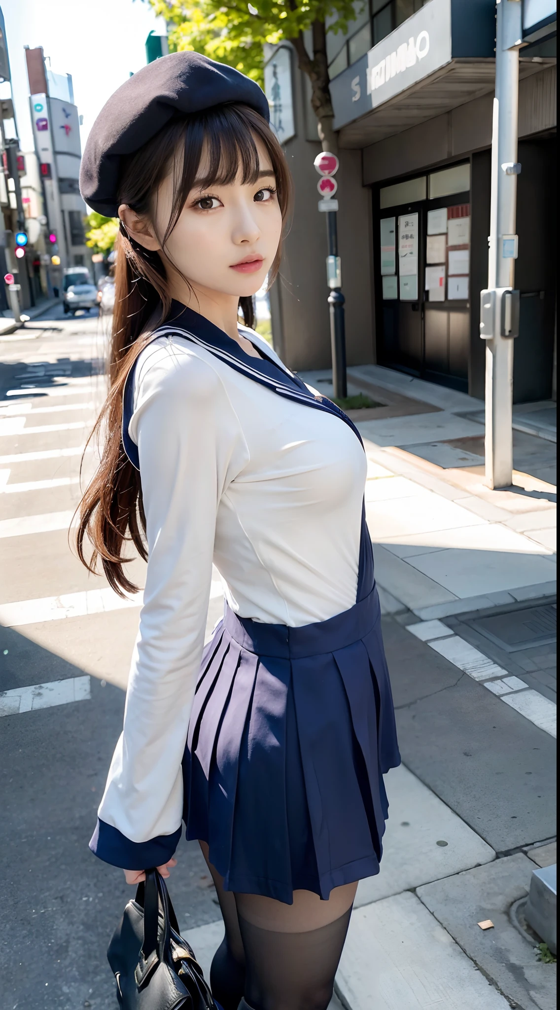 mix4, (16 K, Raw photography, Top image quality, masterpiece: 1.45), (realisitic, Photorealsitic: 1.37), one girls, 7.5, etc、Standing figure,Noon time slot、cute little, A city scape,, profetional lighting, photon maping, Cityscape with street trees, physically-based renderingt, Gradient dark brown hair,, a handsome, Well-groomed and beautiful eyes、Large double eyelids、Very shiny、girl with, (((student clothes、Long sleeve sailor suit worn by Japan girl、red cuffs、Dark blue mini skirt, Small gray beret、Dark blue knee-high socks、Black loafers))), Top Quality Photos, hight resolution, 1080p, (clearface), (Detailed face description), (Detailed hand description), (masterpiece), (Exquisite CG)、extreme light and shadows、dishevled hair、master work、abundant detail、(Fine facial features)、(top quality photo)、(masuter piece)、(A detailed eye)、Look in front of you、Fine clavicle、((Slender big))、(((Japan schooln long-sleeved sailor suit)))、((Ready Idol System))、((Boulevard with street trees、Bookstore Street、streetlights))、(Shooting from random perspectives)、(((Anyway cute)))、耳Nipple Ring、A big smile、Drawing the whole body from the knees、Do not draw nasolabial folds、(((Long-sleeved sailor suit)))、(Big breasts that hang down big:0.9)、Big buttocks with tension、Two arms and two legs、(((from the front side:0.5)))、bare hand、No mask
