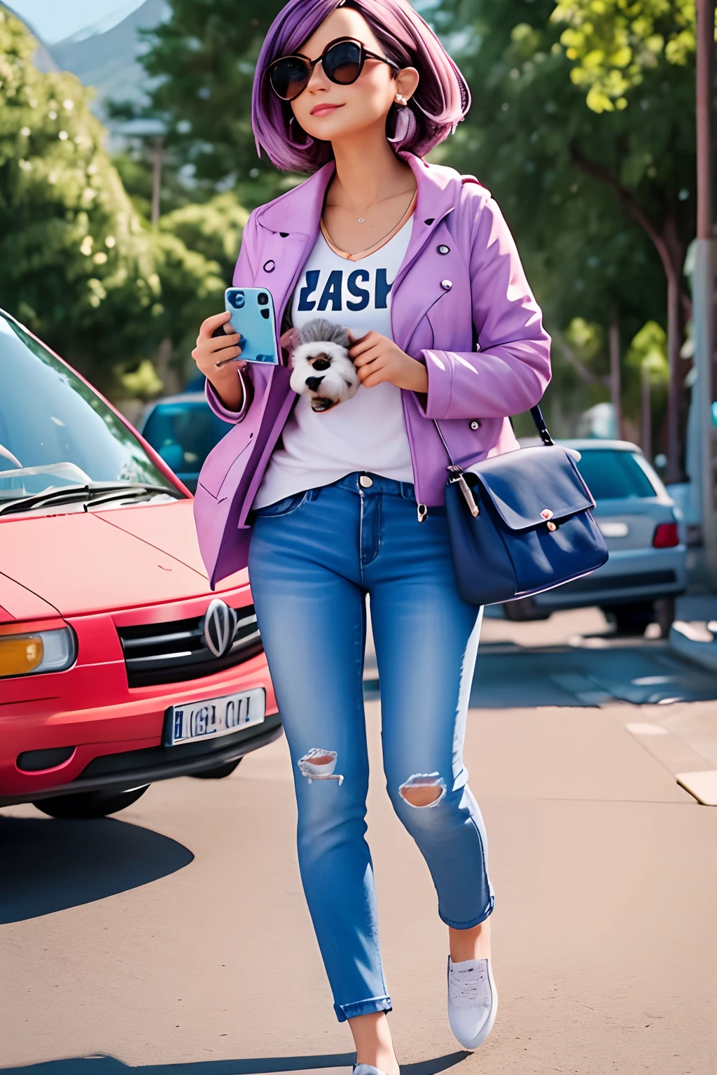 uma garota com longos cabelos dourados, lilac jacket, camiseta listrada horizontalmente branca e preta por baixo da jaqueta, jeans azul, sapatos rosa e brancos, Holding a cute Yorkiepoo puppy in one hand, holding a smartphone in the other hand, horizonte da cidade em o plano de fundo, estilo pixar