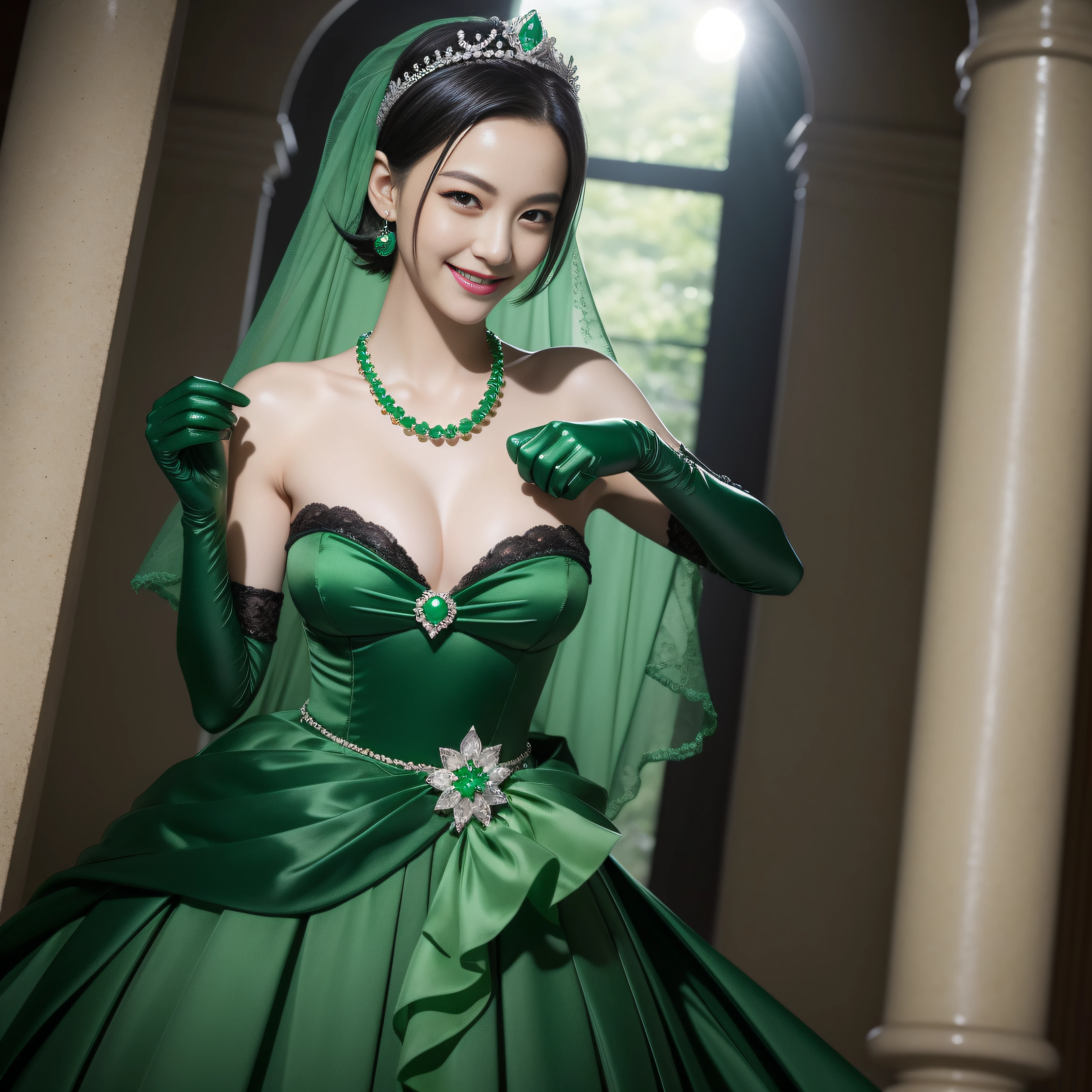 emerald tiara, Green Pearl Necklace, Boyish very short black hair, lipsticks, Japan woman smiling, Long green gloves made of satin material, very short short hair, fist, big breasts beautiful