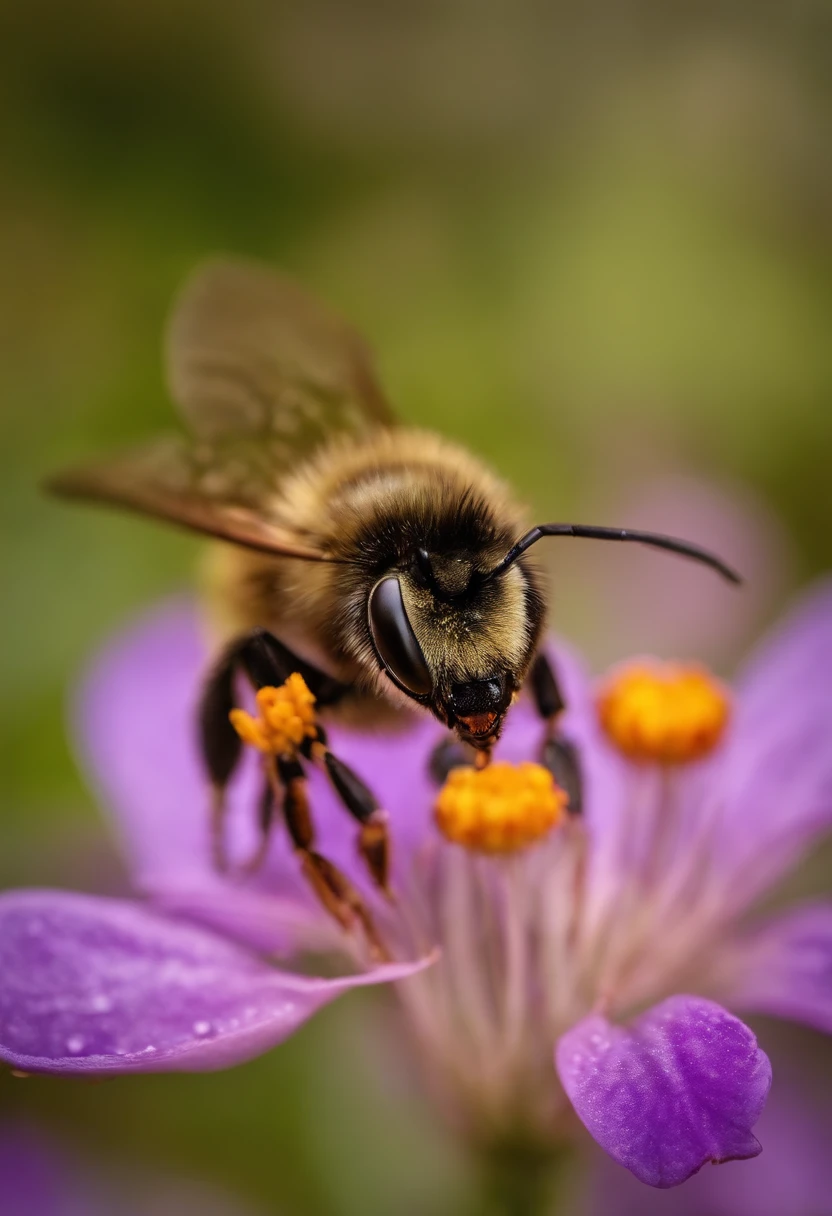 A close-up of a purple bee pollinating a flower. The bee is covered in pollen, and its wings are beating rapidly as it gathers nectar from the flower. The flower is colorful and delicate, with petals of various shades of pink, purple, and yellow. The bee is shown in great detail, with the texture of its fuzzy body and the hairs on its legs visible. In the background, a garden is shown in full bloom.   purple honey leaking on the flower. a slim woman is showing.