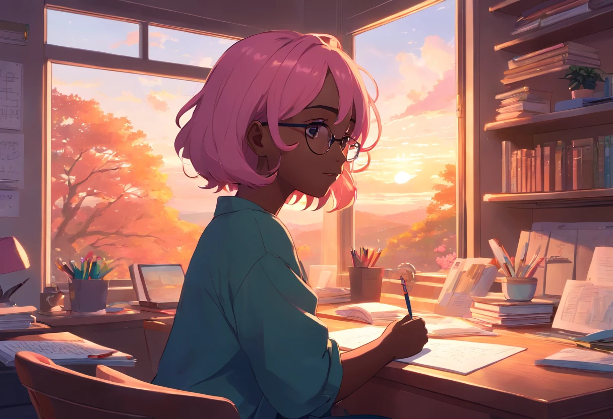Lia a girl with pink hair, (dark skin), curly hair, studying in her peach pastel room, cozy study desk, glasses, large window overlooking beautiful nature scenery, (staring at the scenery), floral notebooks, (dark skin), (sunrise time), (dark skin)