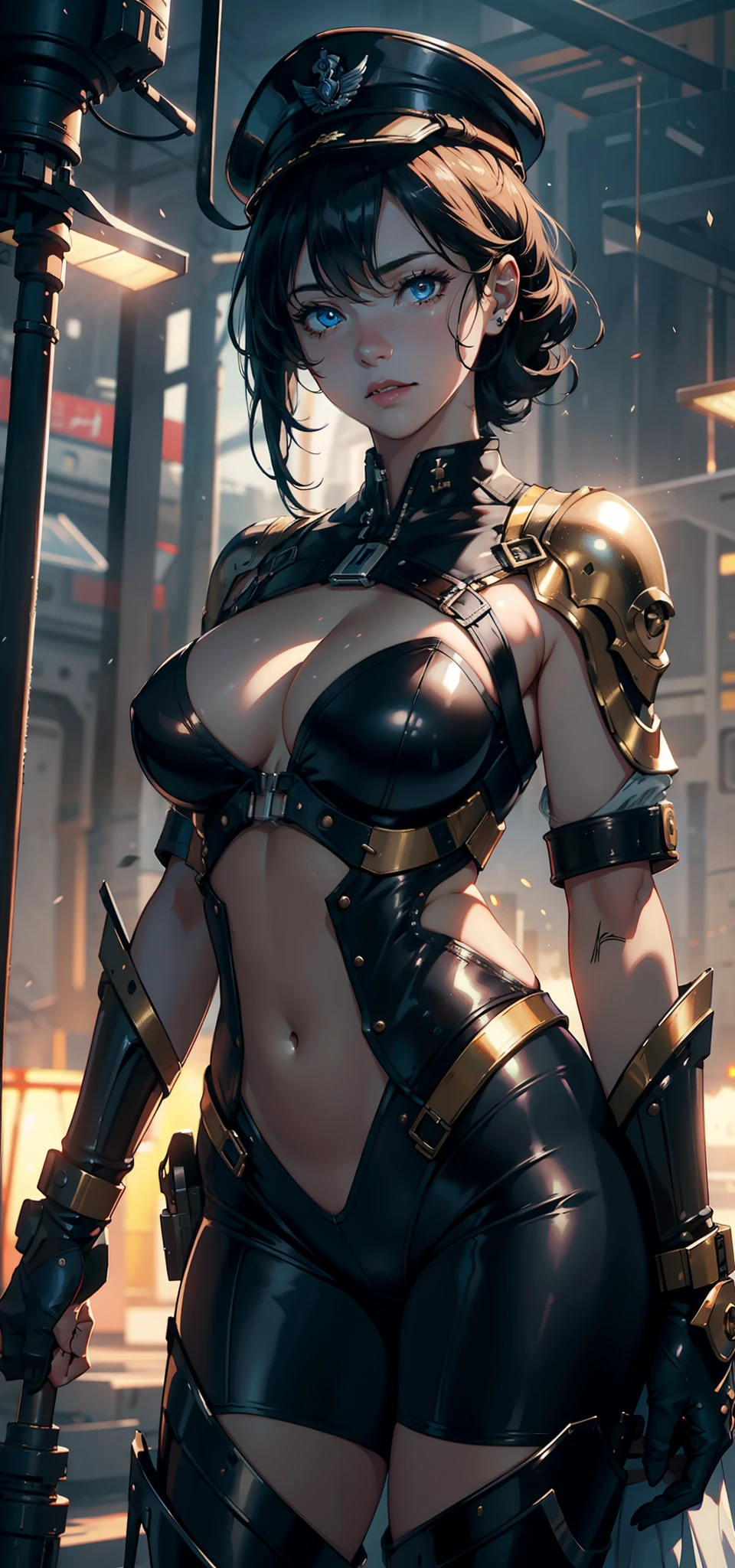 1female,35yo,plumw,extremely large bosom, 独奏,(Background with:Huge machinery,droid,aerodrome,Planes,Huge mechanical armor,) She has very short black hair,bobo head,Stand on the plane,,seen from the front, hair straight, mostly cloudy sky,(((tmasterpiece),(Very detailed CG unity 8K wallpaper),best qualtiy,cinmatic lighting,detailed back ground,beatiful detailed eyes,Bright pupils,Blue eyes,Snow-whiteskin,Redlip(Very fine and beautiful),(Beautiful and detailed eye description),ultra - detailed,tmasterpiece,))facing at camera,A high resolution,ultra - detailed),revealing breasts,Bare genitalia, Bulge,legs are open,Raised sexy,Camel toes,Flushed complexion,Desire for dissatisfaction,frontage,British Air Force,Aviator,Officer's cap(Wearing:blazer jacket,tailcoat,White color blouse,a black bowtie,Black pantyhose,Gold wire embroidery,Armour,Bare breasts)cyber punk style