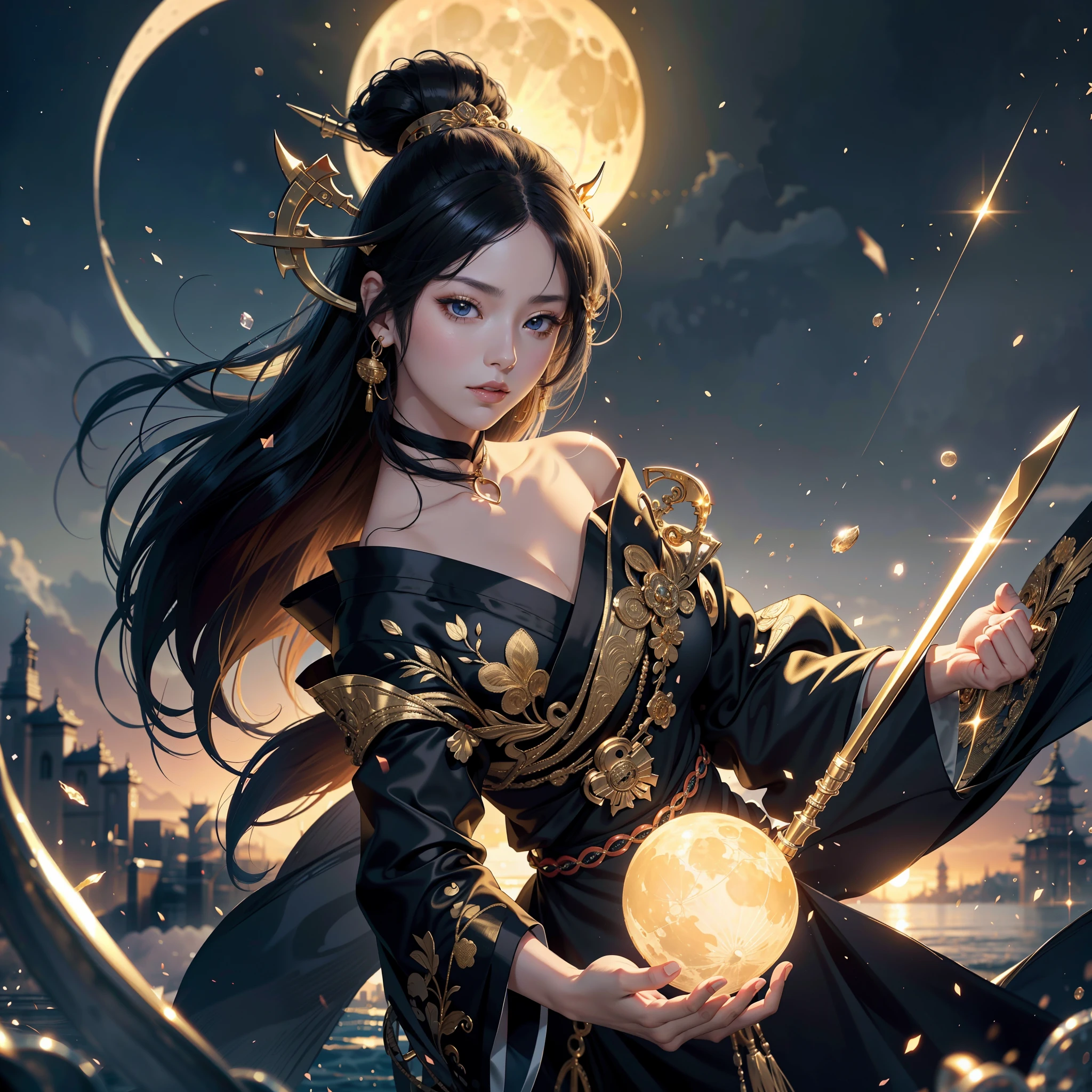watching at viewers、Background with((ancient city))(a moon)、poneyTail、Woman with shiny black hair、{{{Luxury kimono(Black kimono(Detailed golden embroidery,))}}}、face perfect,Depict a beautiful and graceful woman of Japan。Heart in the eye。full body Esbian。 Beautiful anime art wallpaper 8k, beautiful fantasy anime, Beautiful anime, Detailed anime artwork.Blur the background with a sickle,((masutepiece)), ((Best Quality))