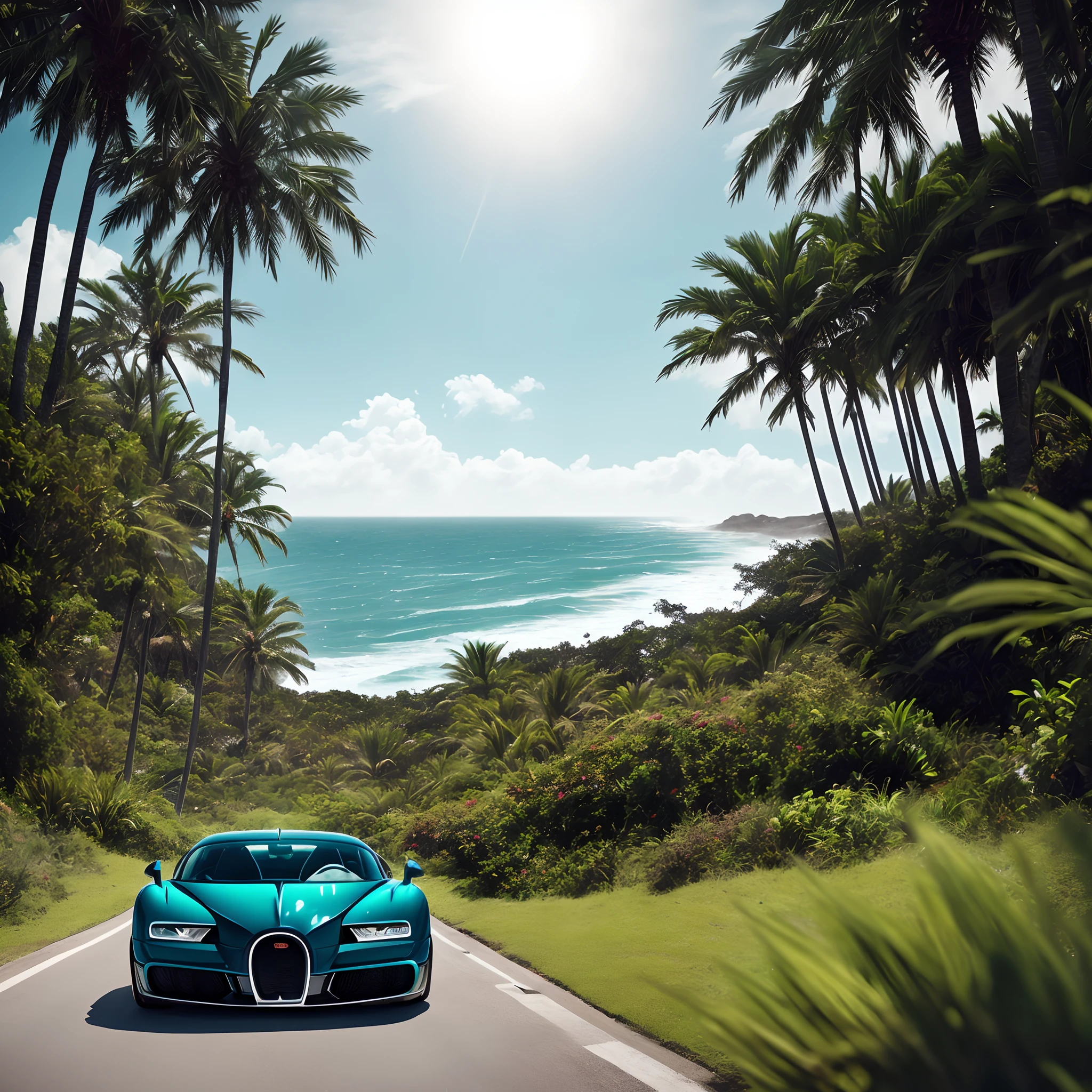 A futuristic, blue, shiny Bugatti with ultra reflections glides along a coastal road, surrounded by towering palm trees. The car's sleek design and vibrant color contrast with the motion blur of the speeding vehicle and the cinematic lighting that illuminates the scene. The coastal landscape stretches out in the background, with the ocean's waves crashing against the shore. The entire image captures the essence of an award-winning, cinematic photo, reminiscent of the works of visionary photographers like Emmanuel Lubezki and Martin Stranka --ar 16:9 —style raw —c 10 —weird 5 —q 2