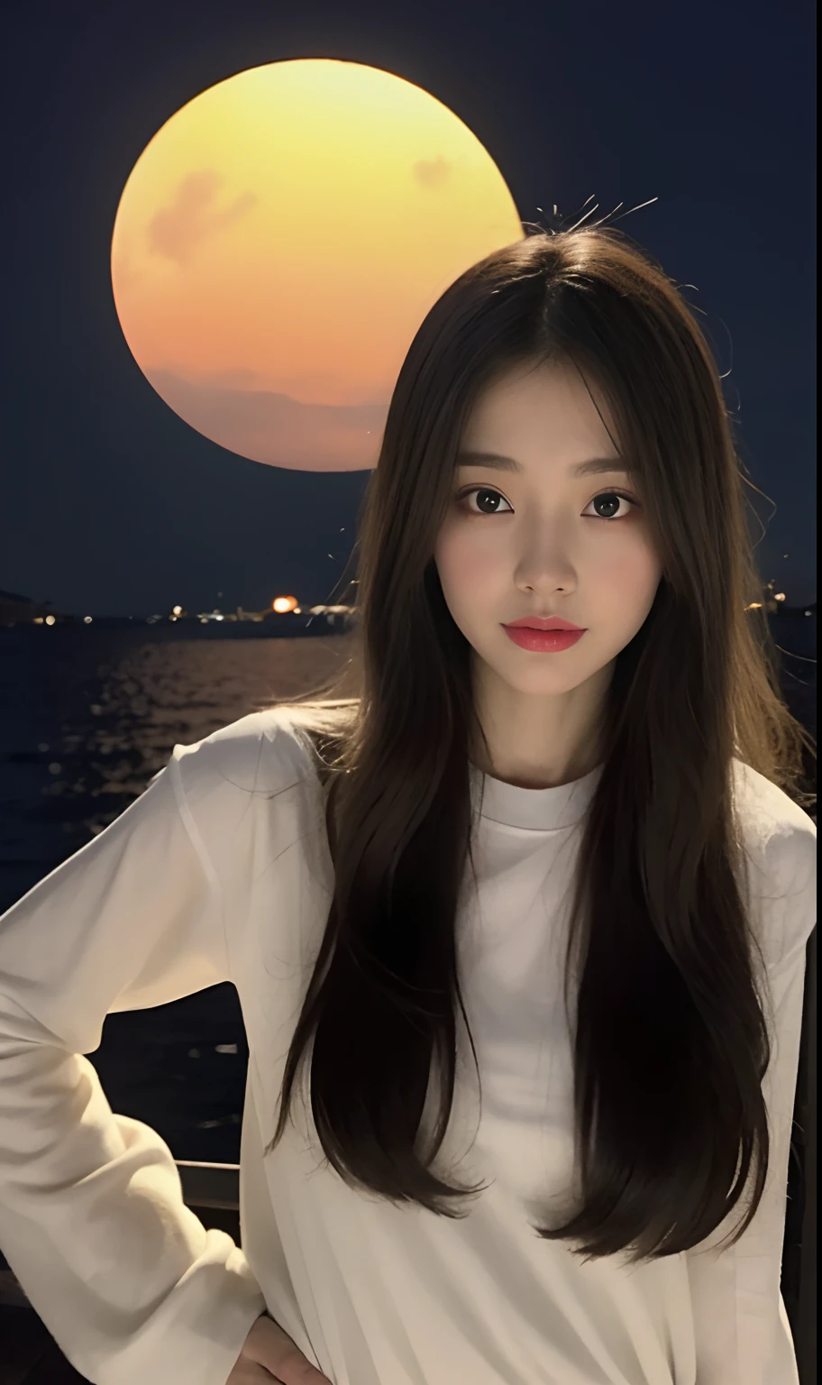 （Original photo of 8K，best qualtiy，tmasterpiece：1.2），（Medium view），the night，Night on a yacht，Sea and night view in the background，best qualtiy，tmasterpiece，（Small mouth：1.2），short- sleeved，short- sleeved，short- sleeved，short- sleeved，an extremely delicate and beautiful one，，astounding，finely detailled，tmasterpiece，Best quality at best，（age 22：1.2），Narrow waist，Slim，is shy，Pure，adolable，Bushy hair，Soft hair，big breasts beautiful，A detailed eye，（long whitr hair：1.2）