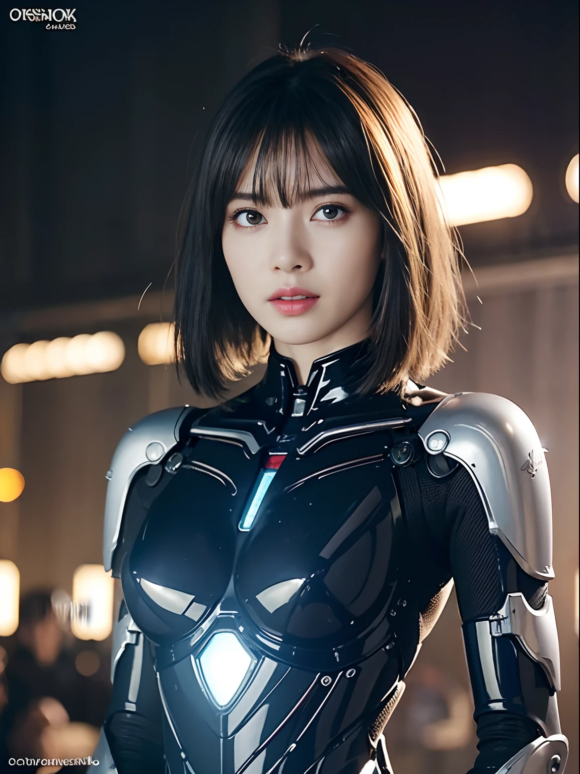 （Fight against mechanical robot soldiers）、top-quality、​masterpiece、超A high resolution、(sexypose),（Wearing a futuristic transparent sun visor）、(Photorealsitic:1.4)、Raw photo、女の子1人、Black hair、glowy skin、((1 Mechanical Girl))、((super realistic details))、portlate、（Small LED lamp）、Wire tubes that glow all over the body、globalillumination、Shadow、octan render、8K、Armpit、ultrasharp、Colossal tits、Small LED lamp、Raw skin is exposed in cleavage、metals、blood vessels connected to tubes、Red bodysuit、Armpit、Cyberpunk city background、Details of complex ornaments、Japan details、highly intricate detail、Realistic light、CGSoation Trends、Blue eyes、radiant eyes、Facing the camera、neon details、（Helmet of the Brave）、Mechanical limbs、blood vessels connected to tubes、Mechanical vertebrae attached to the back、mechanical cervical attaching to neck、Wires and cables connecting to the head、Gundam、Small LED lamp、Toostock、Toostock、