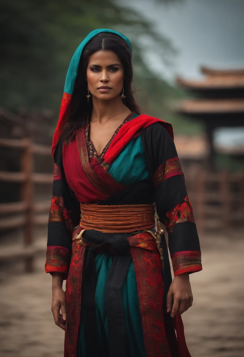 one woman, dressed like a ninja, carrying kinifes