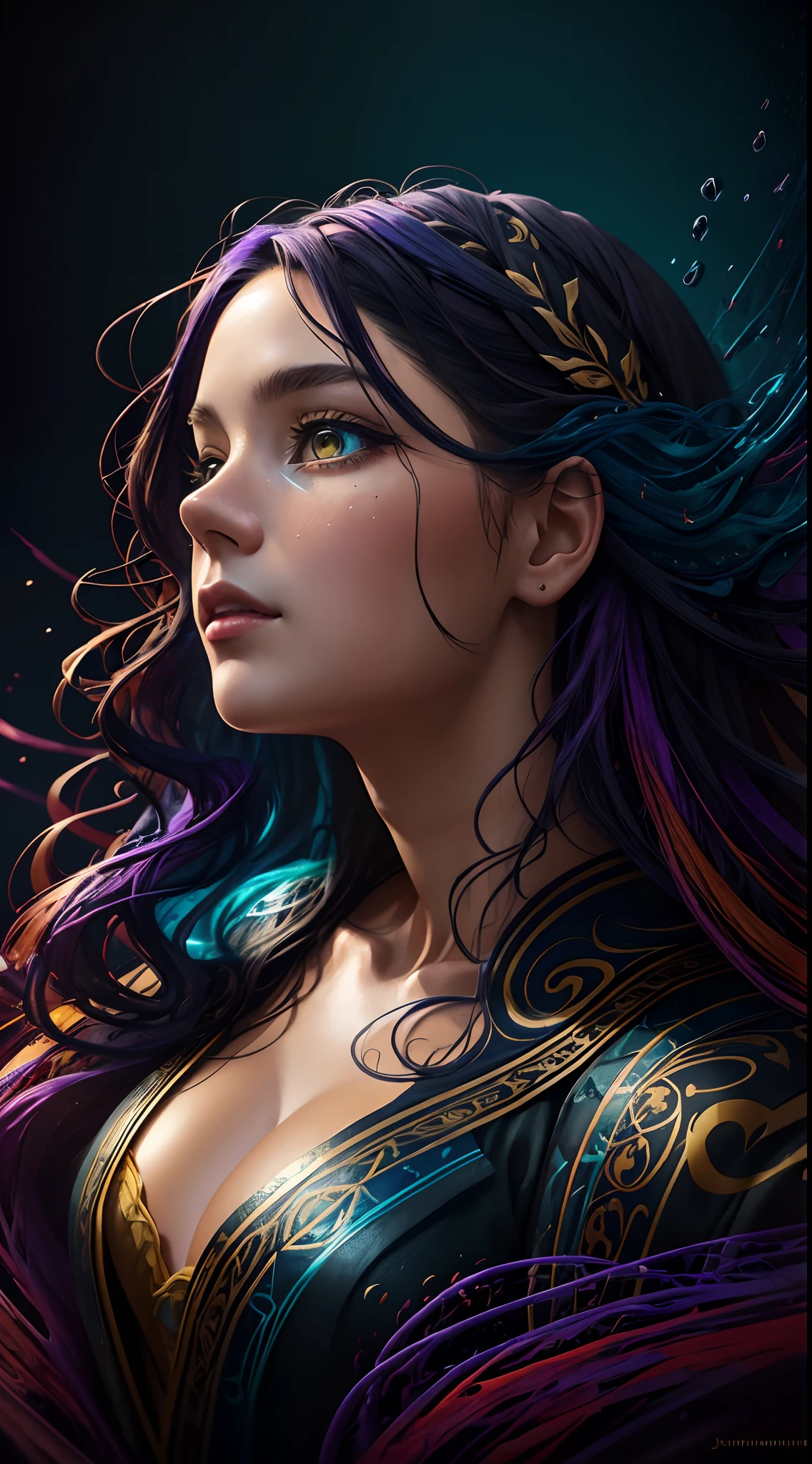 Colorful beautiful girl: a giru 8-years old, messy hair, oil painting, nice perfect face with soft skinice perfect face, blue yellow colors, light purple and violet additions, light red additions, intricate detail, splash screen, 8k resolution, masterpiece, cute face,artstation digital painting smooth veryBlack ink flow: 8k resolution photorealistic masterpiece: intricately detailed fluid gouache painting: by Jean Baptiste Mongue: calligraphy: acrylic: watercolor art, professional photography, natural lighting, volumetric lighting maximalist photoillustration: by marton bobzert:, complex, elegant, expansive, fantastical, wavy hair, vibrant
