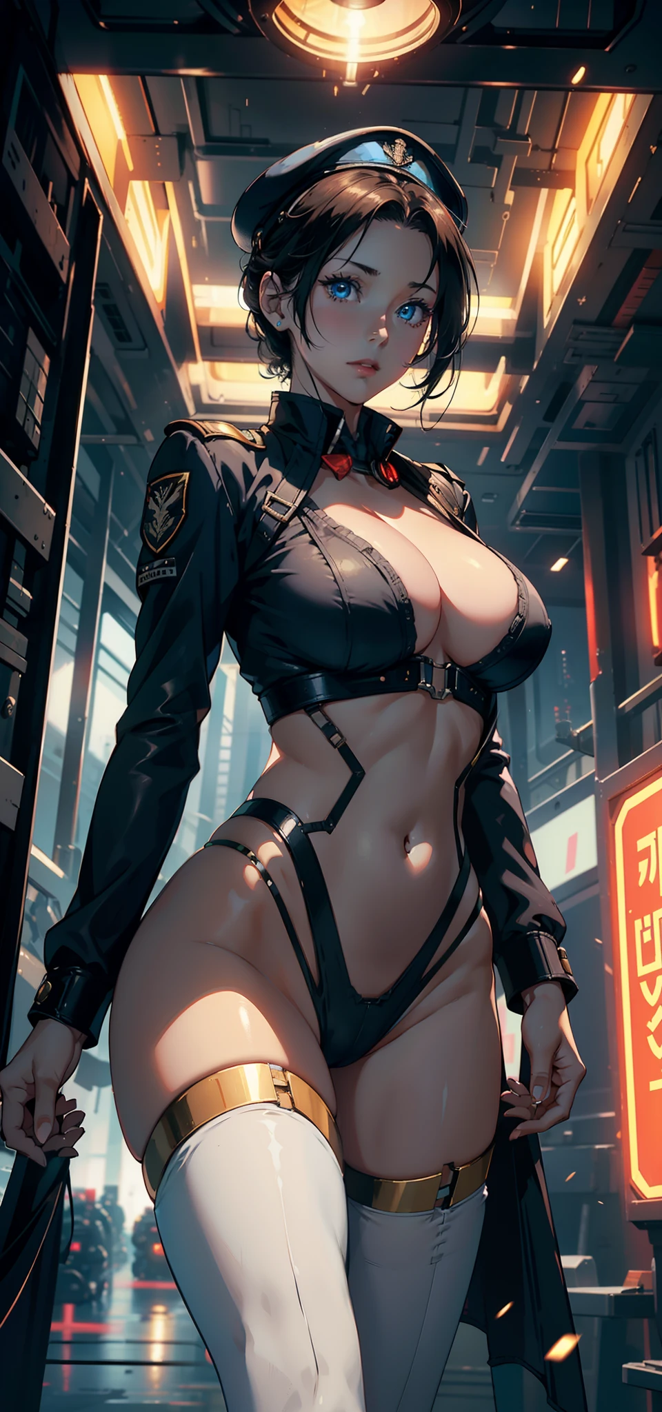 1female,35yo,plumw,extremely large bosom, 独奏,(Background with:Huge machinery,droid,aerodrome,Planes,Huge mechanical armor,) She has very short black hair,bobo head,Stand on the plane,,seen from the front, hair straight, mostly cloudy sky,(((tmasterpiece),(Very detailed CG unity 8K wallpaper),best qualtiy,cinmatic lighting,detailed back ground,beatiful detailed eyes,Bright pupils,Blue eyes,Snow-whiteskin,Redlip(Very fine and beautiful),(Beautiful and detailed eye description),ultra - detailed,tmasterpiece,))facing at camera,A high resolution,ultra - detailed),revealing breasts,Bare genitalia, Bulge,legs are open,Raised sexy,Camel toes,Flushed complexion,Desire for dissatisfaction,frontage,British Air Force,Aviator,Officer's cap(Wearing:blazer jacket,tailcoat,White color blouse,a black bowtie,Black pantyhose,Gold wire embroidery,Armour,Bare breasts)cyber punk style