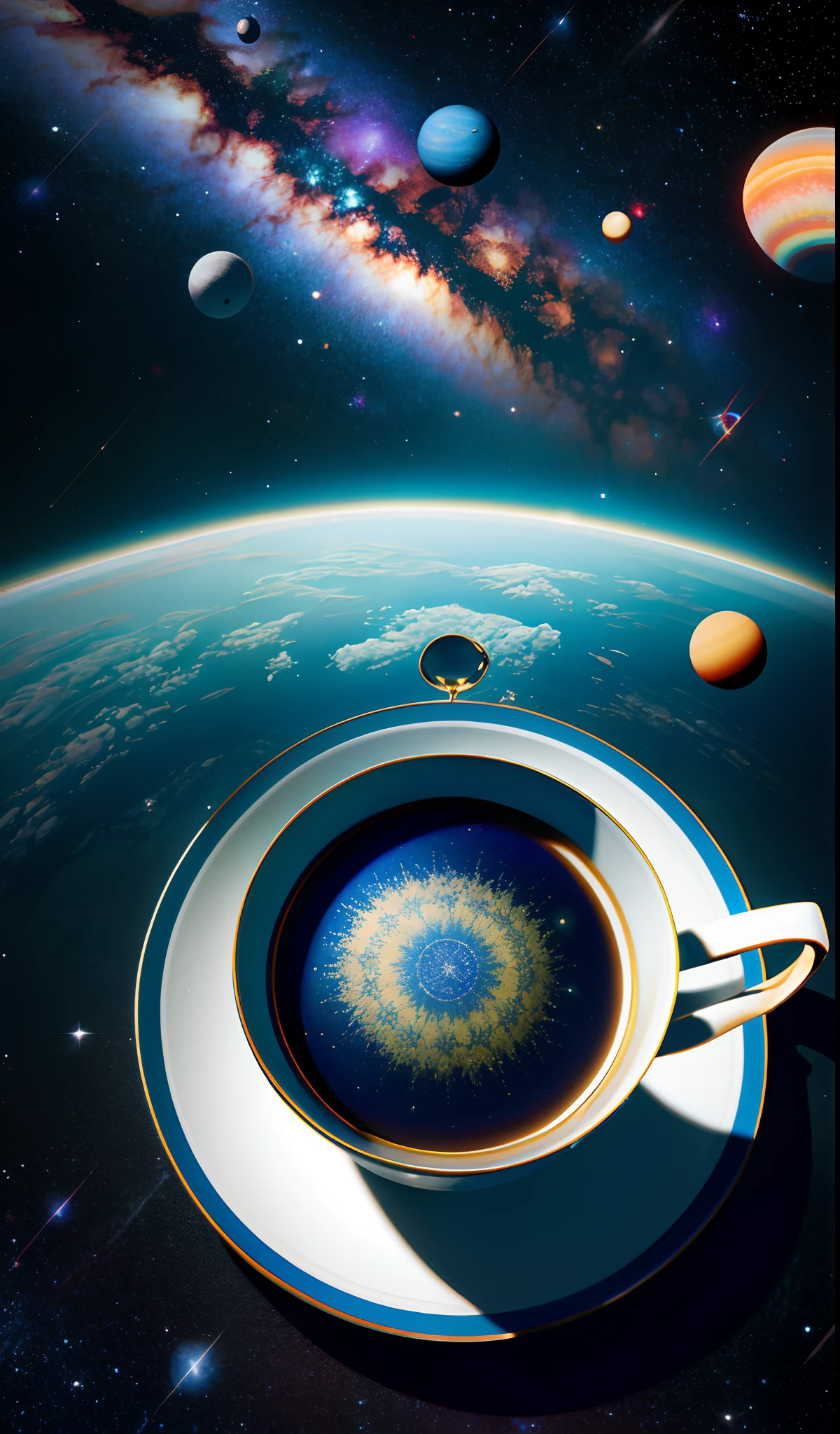 - Classic tea set floating in zero gravity space。Stars and comets in the background、Distant planets are visible、Tea spills out of an elegantly floating teacup、Dripping into outer space。 Masterpiece Top Quality High Quality Ultrafine , Extremely detailed, Fine ultra-high resolution, High Resolution Psychedelic Dramatic　Fantasy Photorealistic Beautiful 4k , 8K , 16K – 4K image quality , 8K , 16k race Obviously the best aesthetics