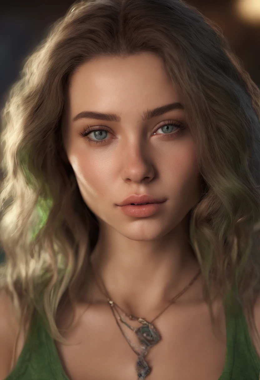 arafed woman with a red tank top and a necklace in a club, sexy girl with green eyes, portrait sophie mudd, brown hair and large eyes, selfie of a young woman, bedroom eyes, violet myers, without makeup, natural makeup, looking directly at the camera, face with artgram, subtle makeup, piercing green eyes, naked