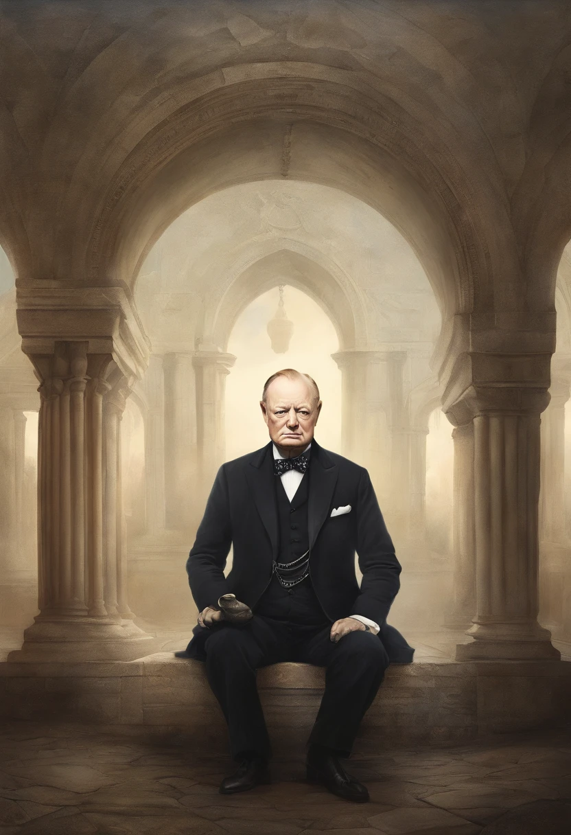 winston churchill, sitting in a meditation position, diante de um orisonte lindo, com o sol se pondo, in connection with the divine, Foto retrato, Directed by: Drew Tucker, Directed by: Adam Marczyński, Directed by: Alexandre Kucharsky, Directed by: Gavin Nolan, Surrealismo 8K, Directed by: Jason Felix, Yuri Shwedoff e Tom Bagshaw, arte ilustrativa, Estilo Erik Johansson
