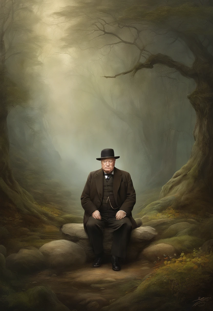 winston churchill, sitting in a meditation position, diante de um orisonte lindo, com o sol se pondo, in connection with the divine, Foto retrato, Directed by: Drew Tucker, Directed by: Adam Marczyński, Directed by: Alexandre Kucharsky, Directed by: Gavin Nolan, Surrealismo 8K, Directed by: Jason Felix, Yuri Shwedoff e Tom Bagshaw, arte ilustrativa, Estilo Erik Johansson