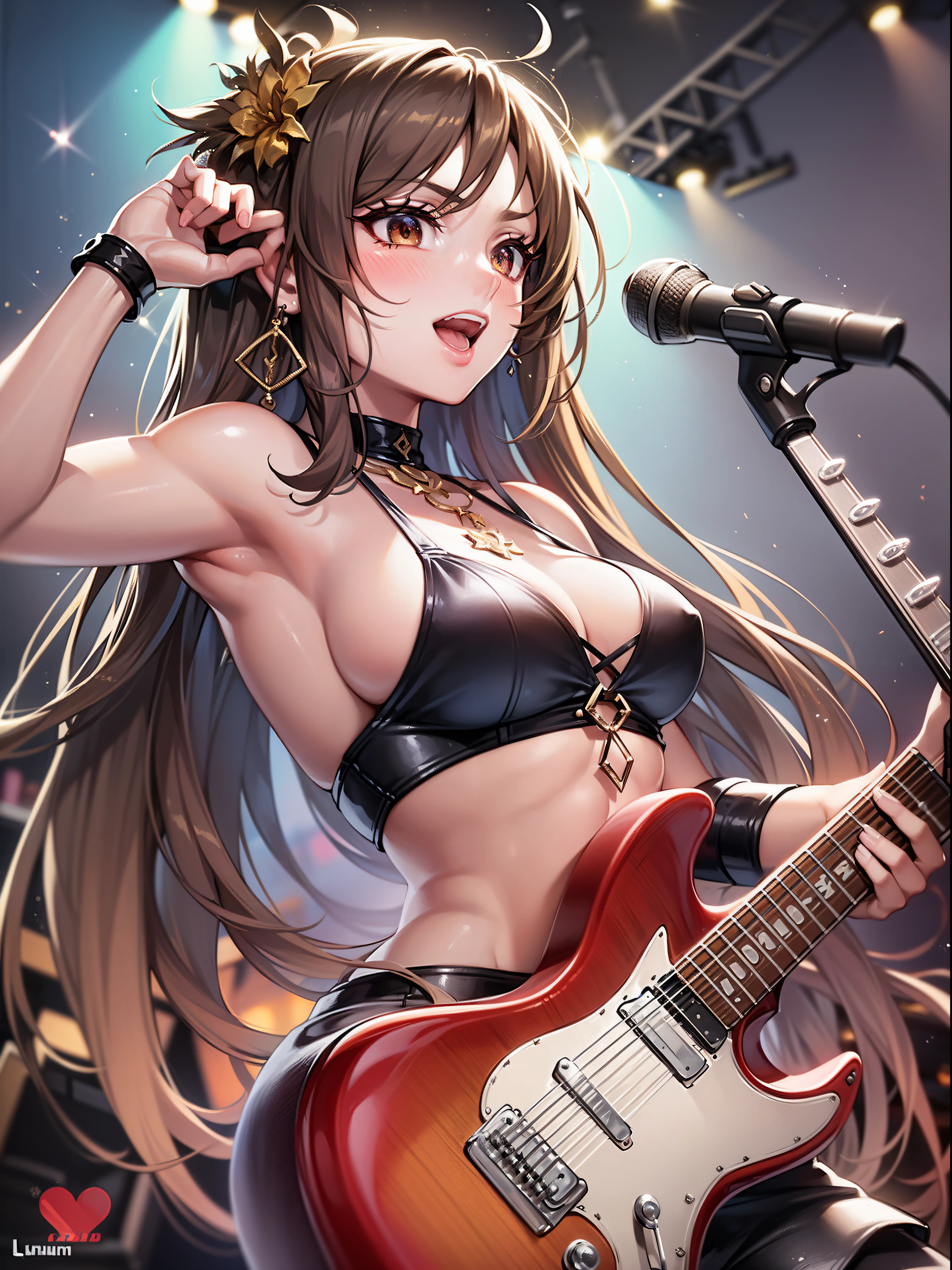 (((finely best quality))),((Best Work)),the golden ratio,Clear,Incredible quality:1.1,((Flawless and flaw-free anatomy)),Adult women in their early 20s,((dense and detailed skin,faces,)),(Lustrous skin),(Lustrous colorful hair),Slim body,electric guitars,guitarrist,Girl Band,Rock star,Live Stage,audience