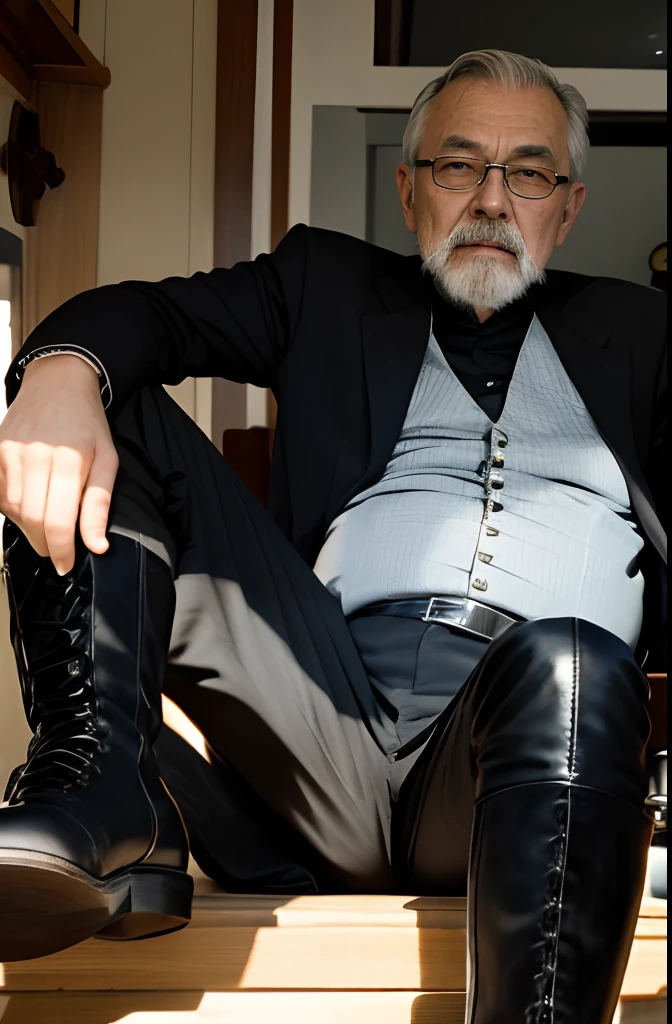 with a goatee，Old gentleman in black riding boots，Show off his boots，The light source is in the upper left corner。