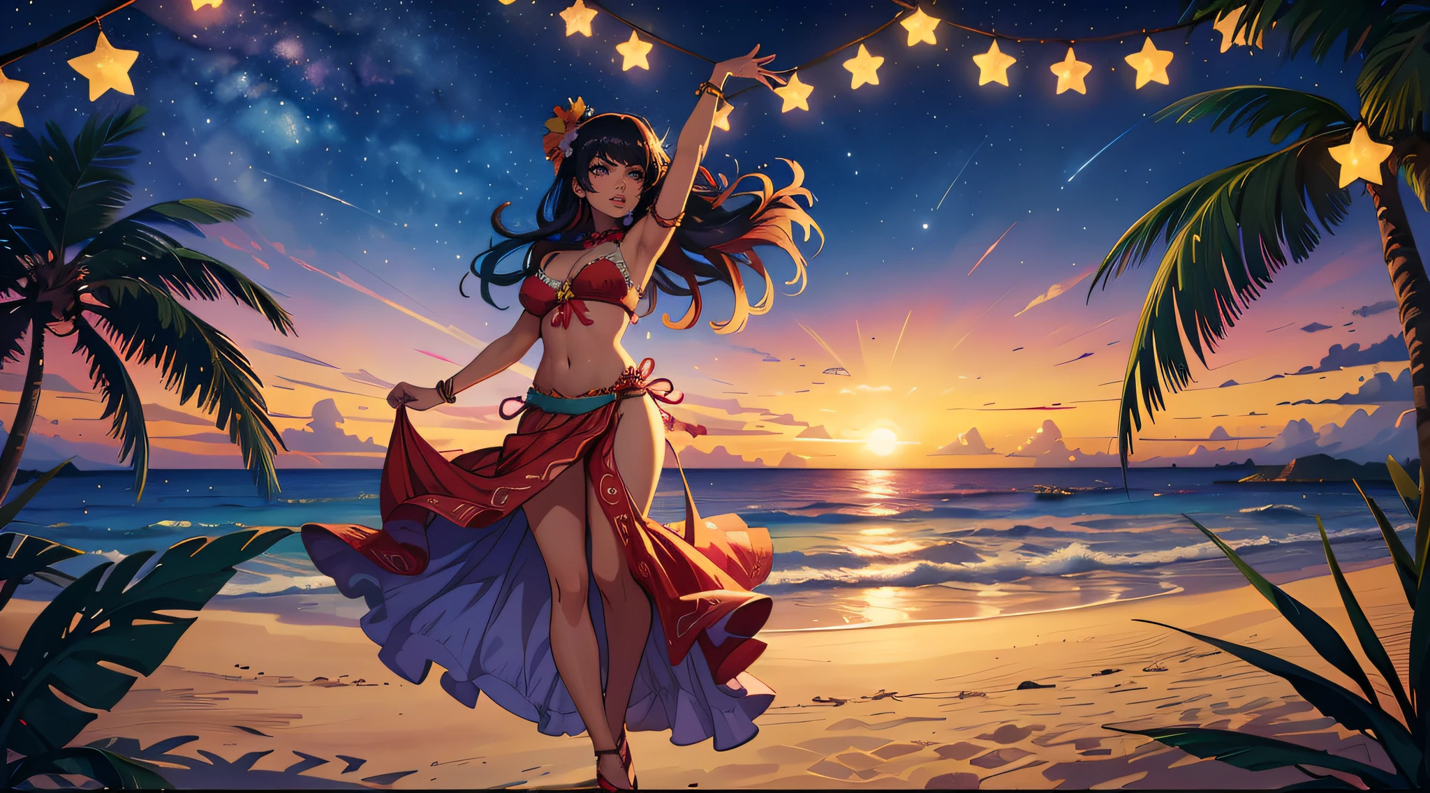 Beautiful woman dancing to Caribbean songs in a luau with a tropical atmosphere at night, stars, beach in the background, party atmosphere, vibrant colors, panoramic view, intricate details, high definition, high resolution, soft lighting, 2d anime style