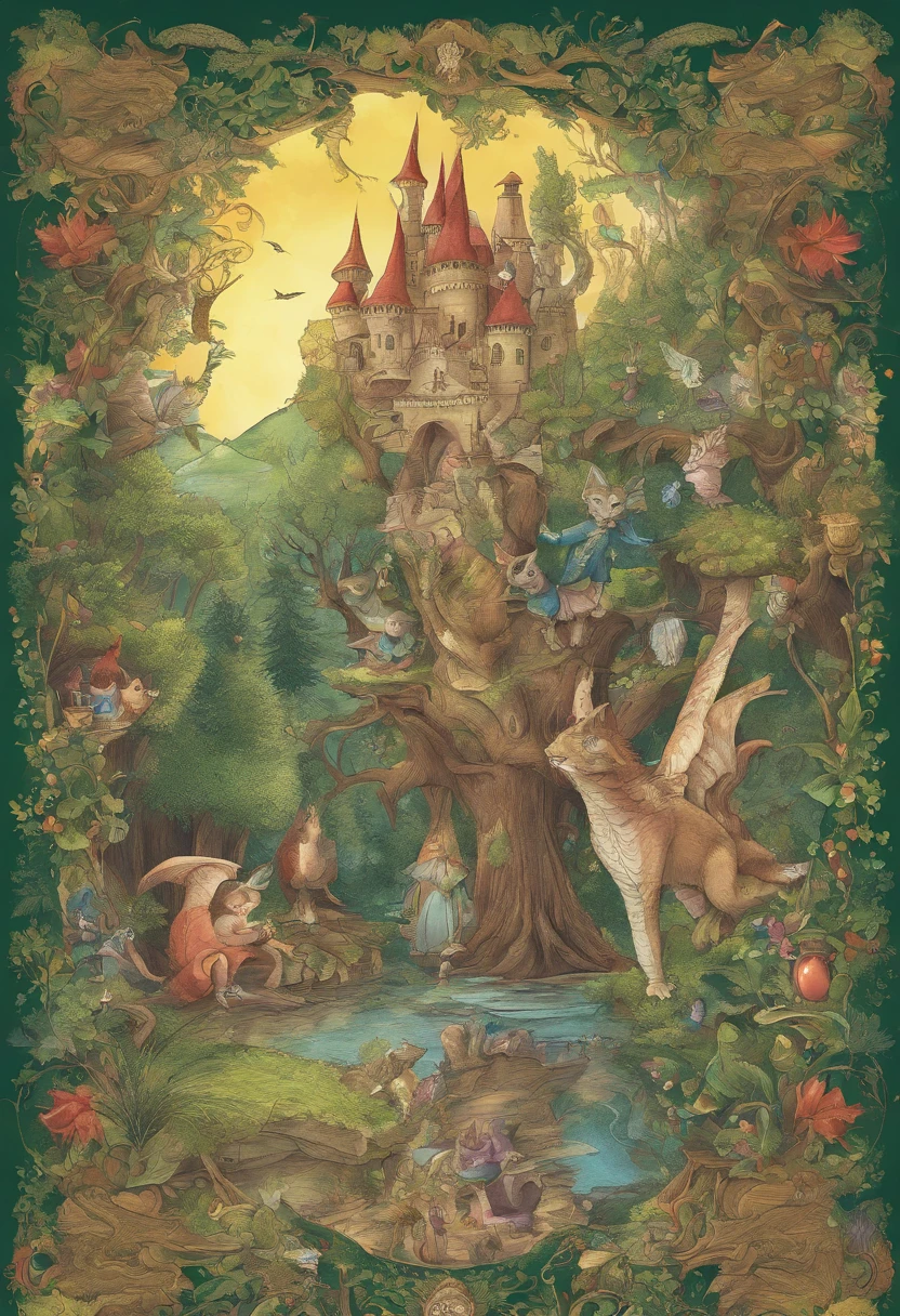 book cover_Tales from the Magic Land, Wizard, elf, Dragon, mirror, cat in boots, magic tree