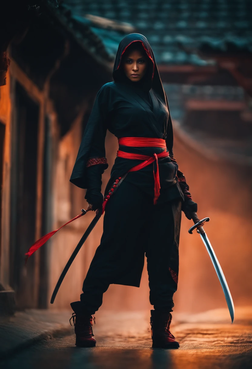 one woman, dressed like a ninja, black collant, carrying knives