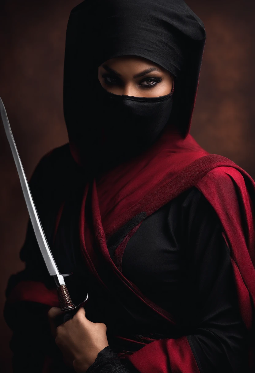 one woman, dressed like a ninja, black collant, carrying knives
