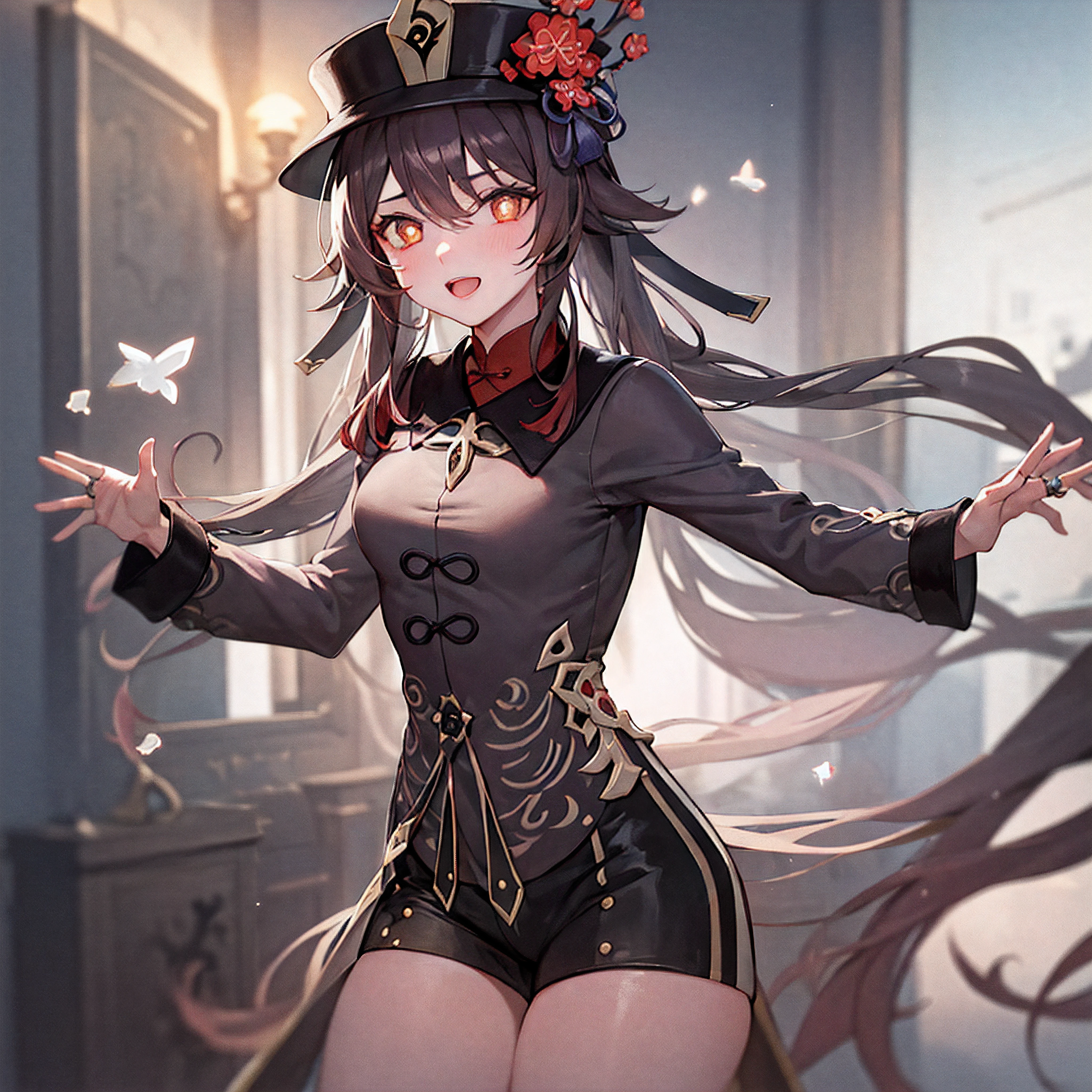 1girl, ((masterpiece)), (best quality), 8k, ultra-detailed, hu tao(genshin impact), boo tao, symbol shaped pupils, graveyard, brown hair, twintails, small breasts, 1girl, official outfit, brown outfit,  dynamic pose, (beautiful detailed shiny eyes:1.2). disheveled hair, realistic painting style, artistic pose, white socks, hat, detailed hands, black tight shorts, hat, amber eyes, standing, small thighs, small thighs