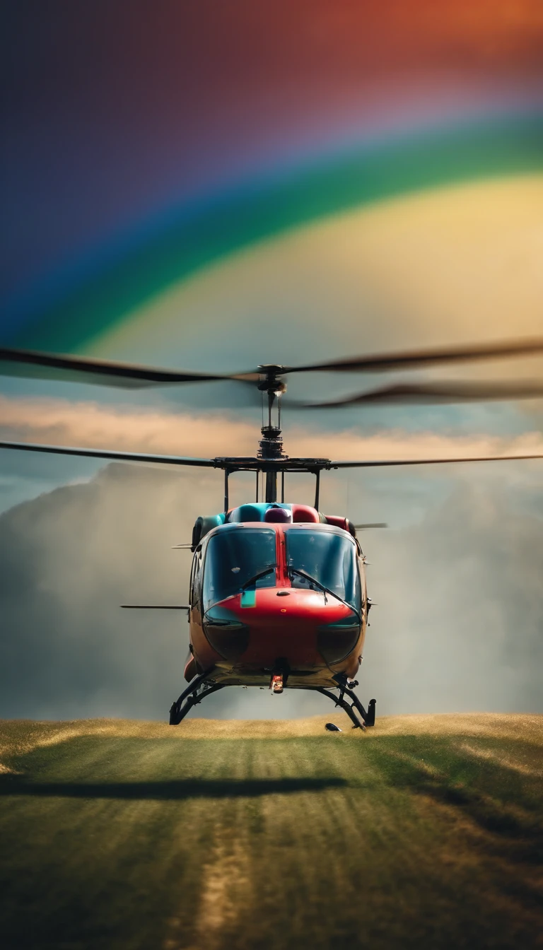 A helicopter carpet flies past a rainbow, people look at it from below, bird view