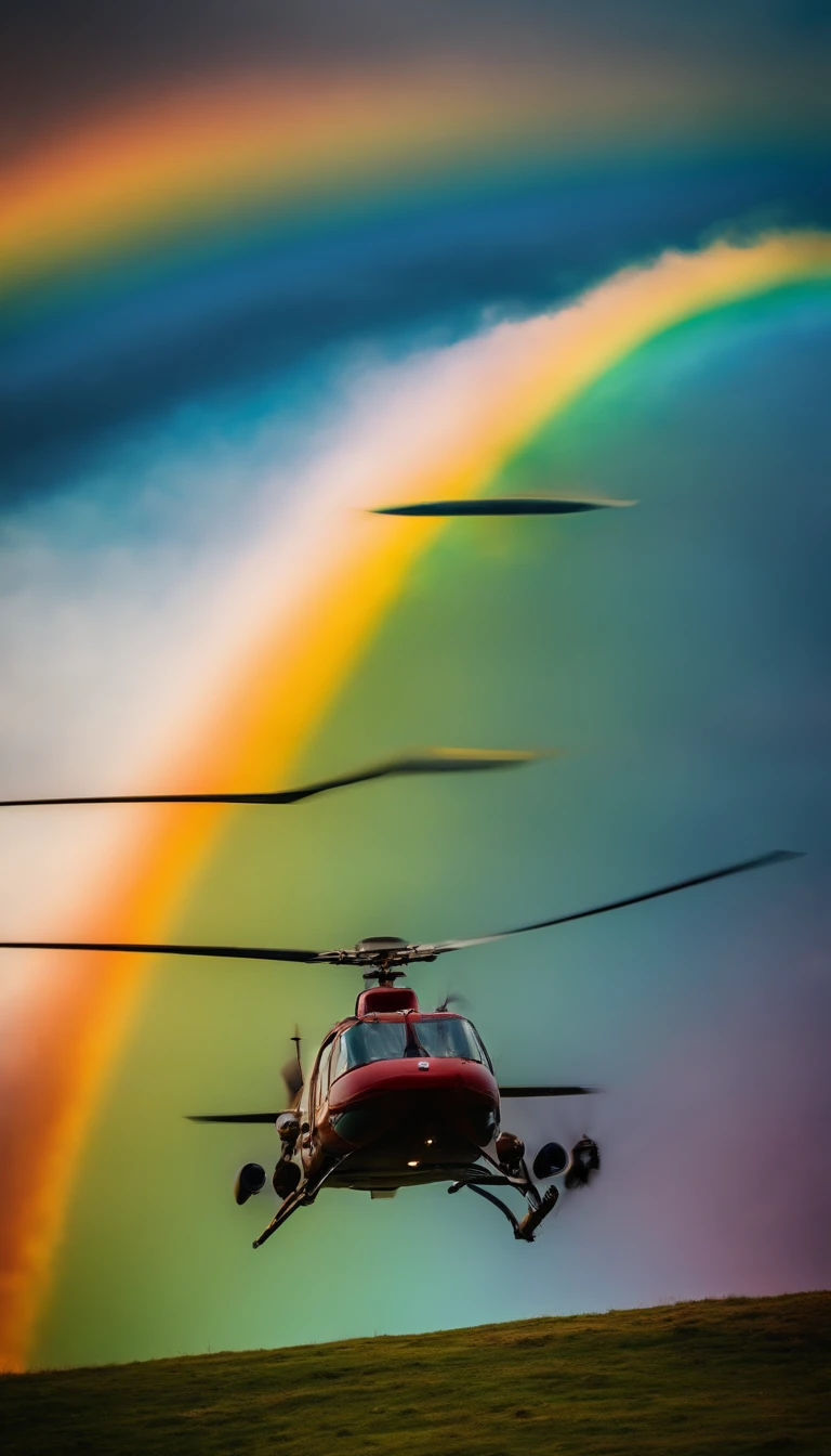 A helicopter carpet flies past a rainbow, people look at it from below, bird view