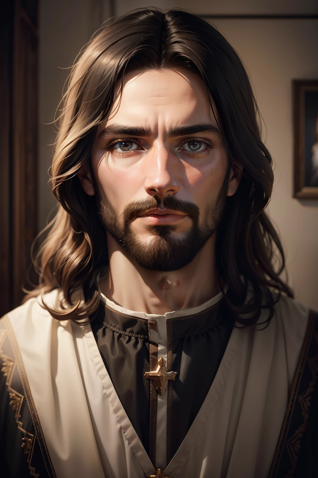 Jesus looking at the portrait from the camera photostudio