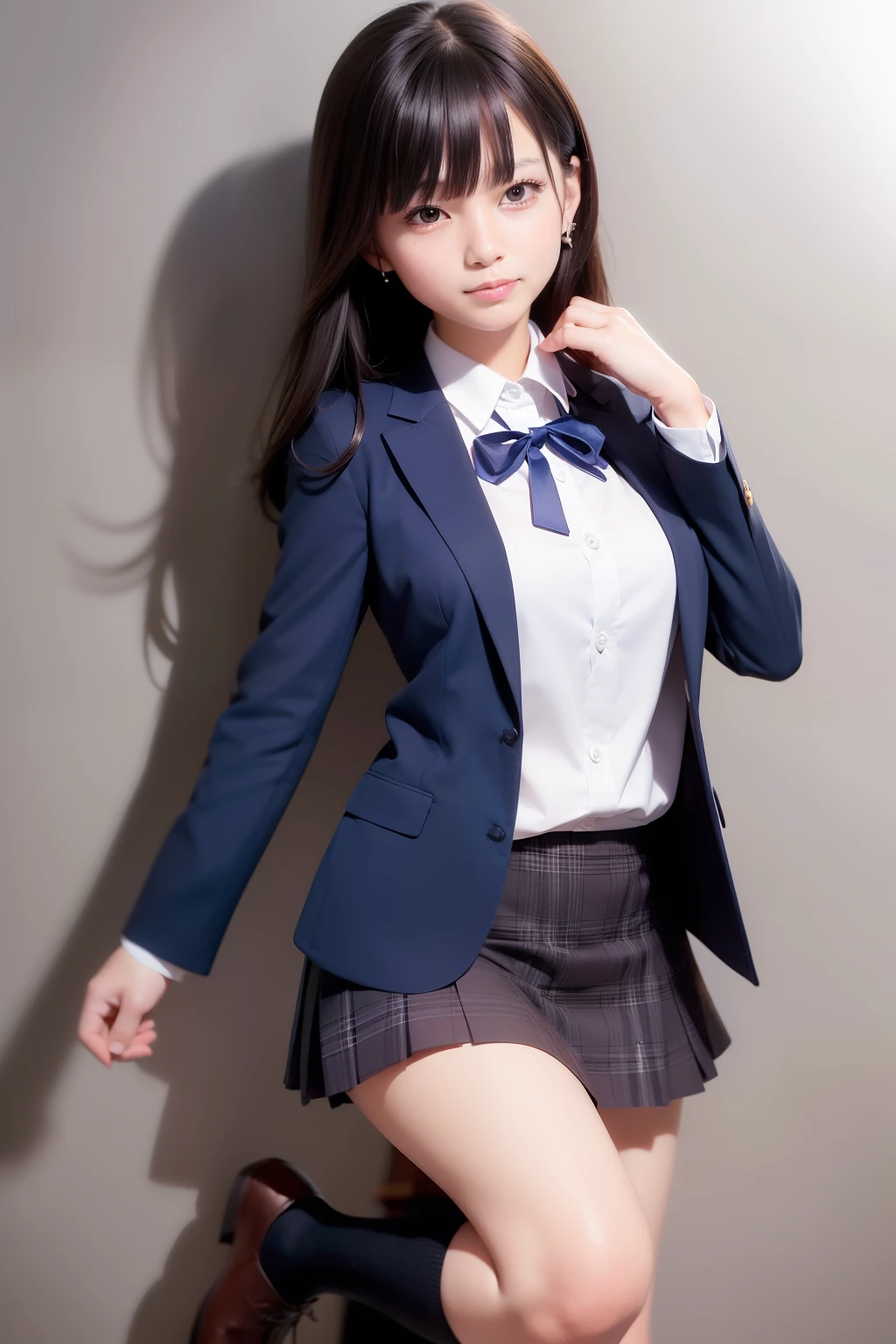 masutepiece, Super Detail, High quality, awardwinning, 8K, (girl), Solo, Smiling, japanese hight school uniform, (All formal jackets are dark navy blue), White shirt, Short skirts are plaid, (Socks are dark navy), Theme color is dark navy, Standing, Half body shot, Portrait Style