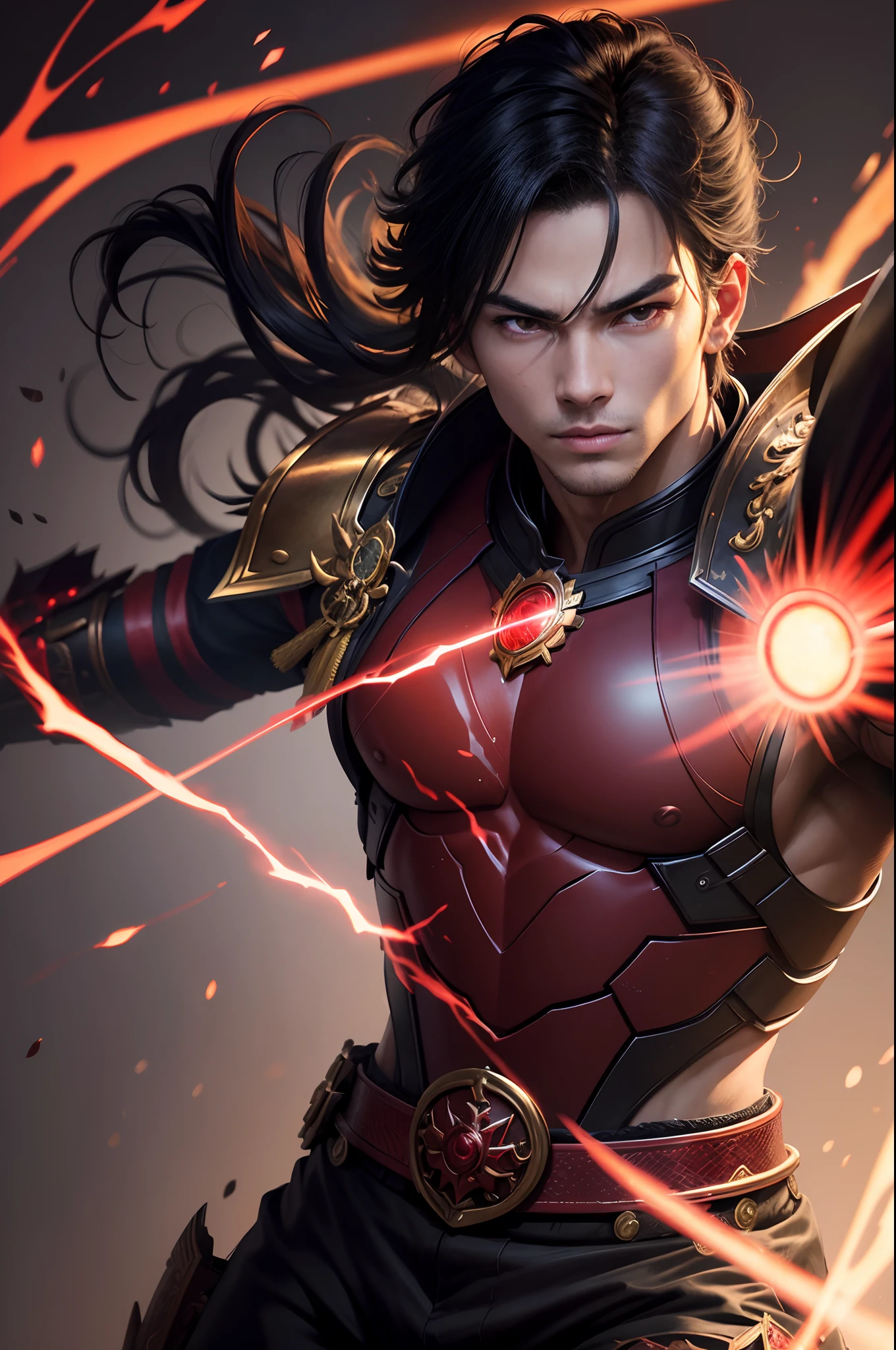8K,Photorealsitic　Raw photography　top-quality;1.4) 　(One Boy)　Super handsome　(Lifelike face)　Boy with Japan sword on his waist　Black and red samurai armor　Black and red trousers(Golden decoration)　Glowing red eyes glaring at you　超A high resolution　A hyper-realistic　real looking skin　enticing　Beautiful expression　Demon Hunters of Beast City　combat scene　Iai Slash　Intense red aura from the body(Red effect)