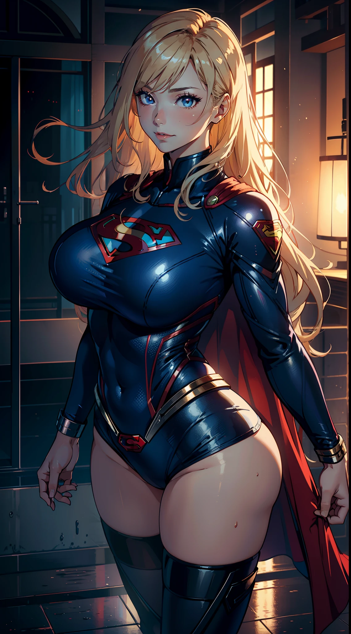 1female,35yo,Huge breasts, 独奏, Supergirl,Superman uniform,Dressed in blue cyberpunk style,red capelet,比基尼, Beautiful legs and buttocks ,the ocean, She has long flowing blonde hair, ,Sateen,Bigchest, From the front side, Wet straight hair, Sweating profusely,mostly cloudy sky,(tmasterpiece),(Very detailed CG unity 8K wallpaper),best qualtiy,cinmatic lighting,detailed back ground,beatiful detailed eyes,Bright pupils,(Very fine and beautiful),(Beautiful and detailed eye description),ultra - detailed,facing at camera,A high resolution,ultra - detailed),Very long hair,standing on your feet,Emotive expressions,Smile,Chest sagging,Camel toes,with no underpants,extremely large bosom,Extremely colorful,Most detailed,fully body photo,The face is well lit
